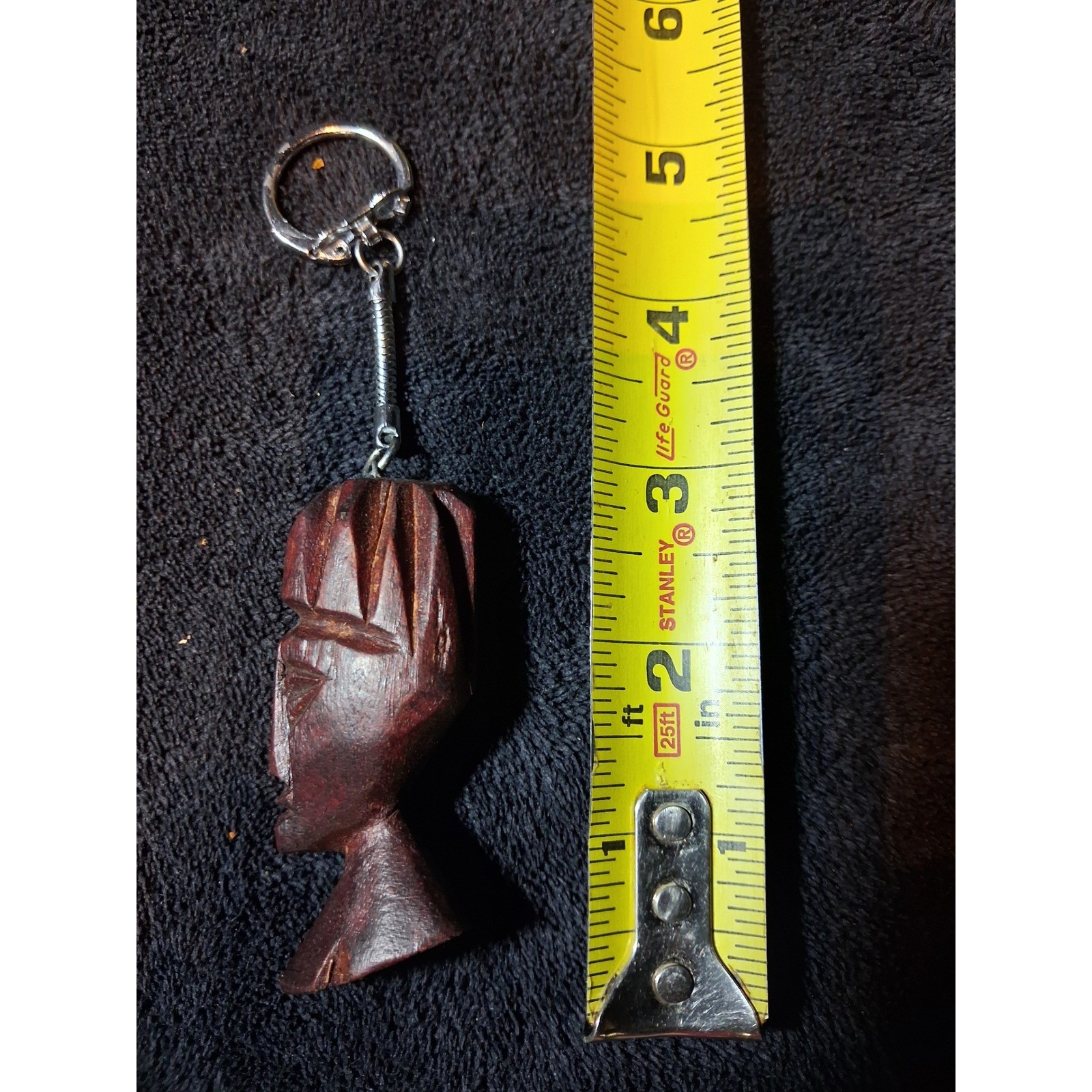 Vintage Hand Carved Wood African Bust Keychain Folk Art Tribal Style Dark Wood