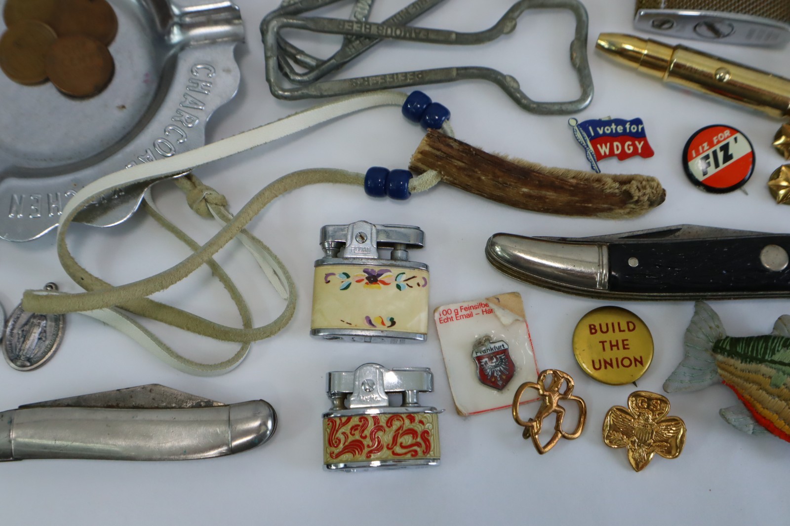 Vintage Junk Drawer Lot Estate Smalls Coins Lighters Knives Pens Ephemera Mixed