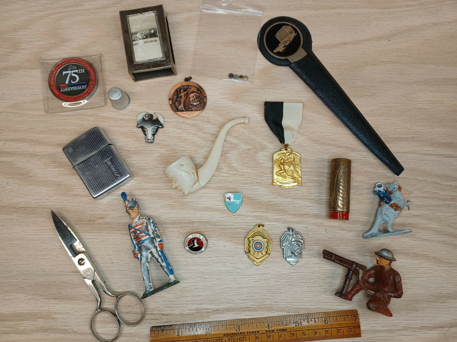 Vintage Junk Drawer Lot Toys Awards Scissors Zippo Pipe
