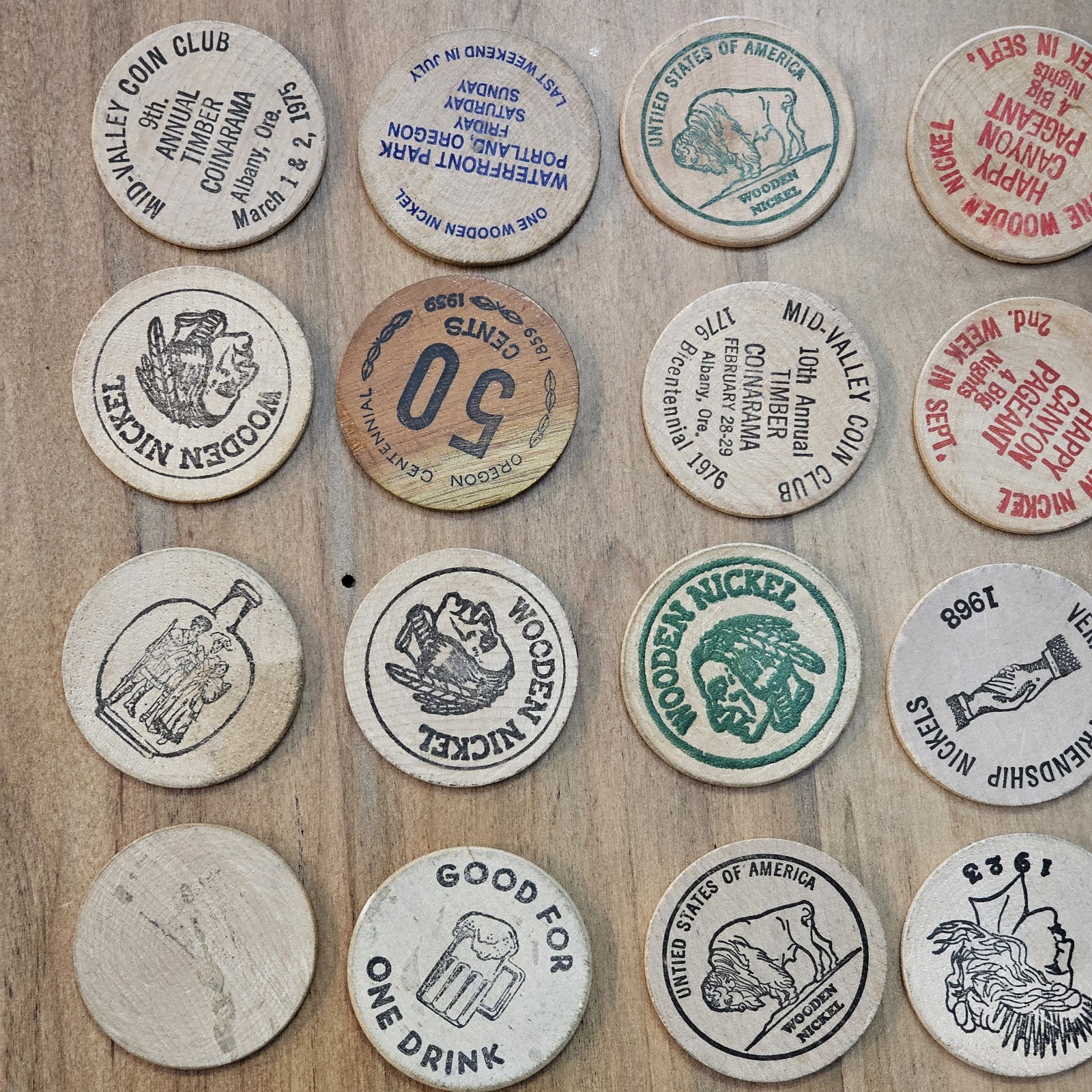 Junk Drawer Lot- Wooden Nickels, Casino Chips, Milk Cap -Washington, Oregon, Ect