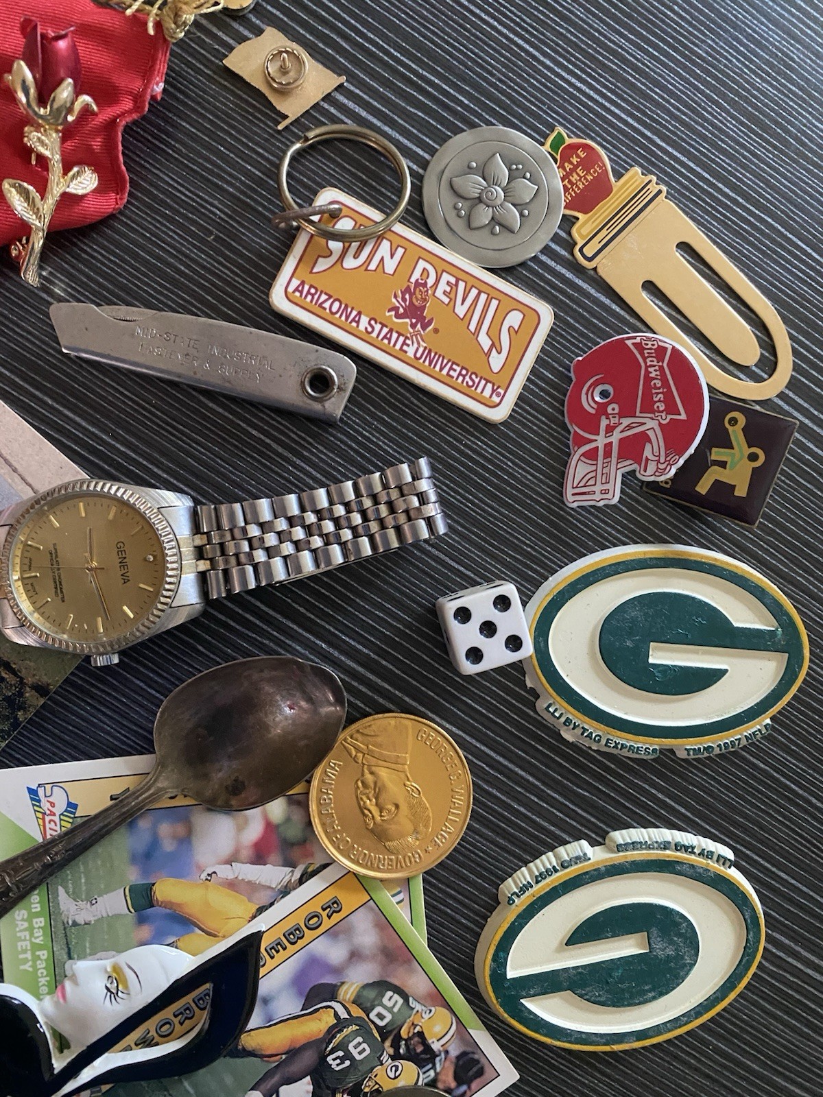 Vintage Estate JUNK DRAWER Lot Watches Lapel Pins Spoon Magnets Baseball Cards