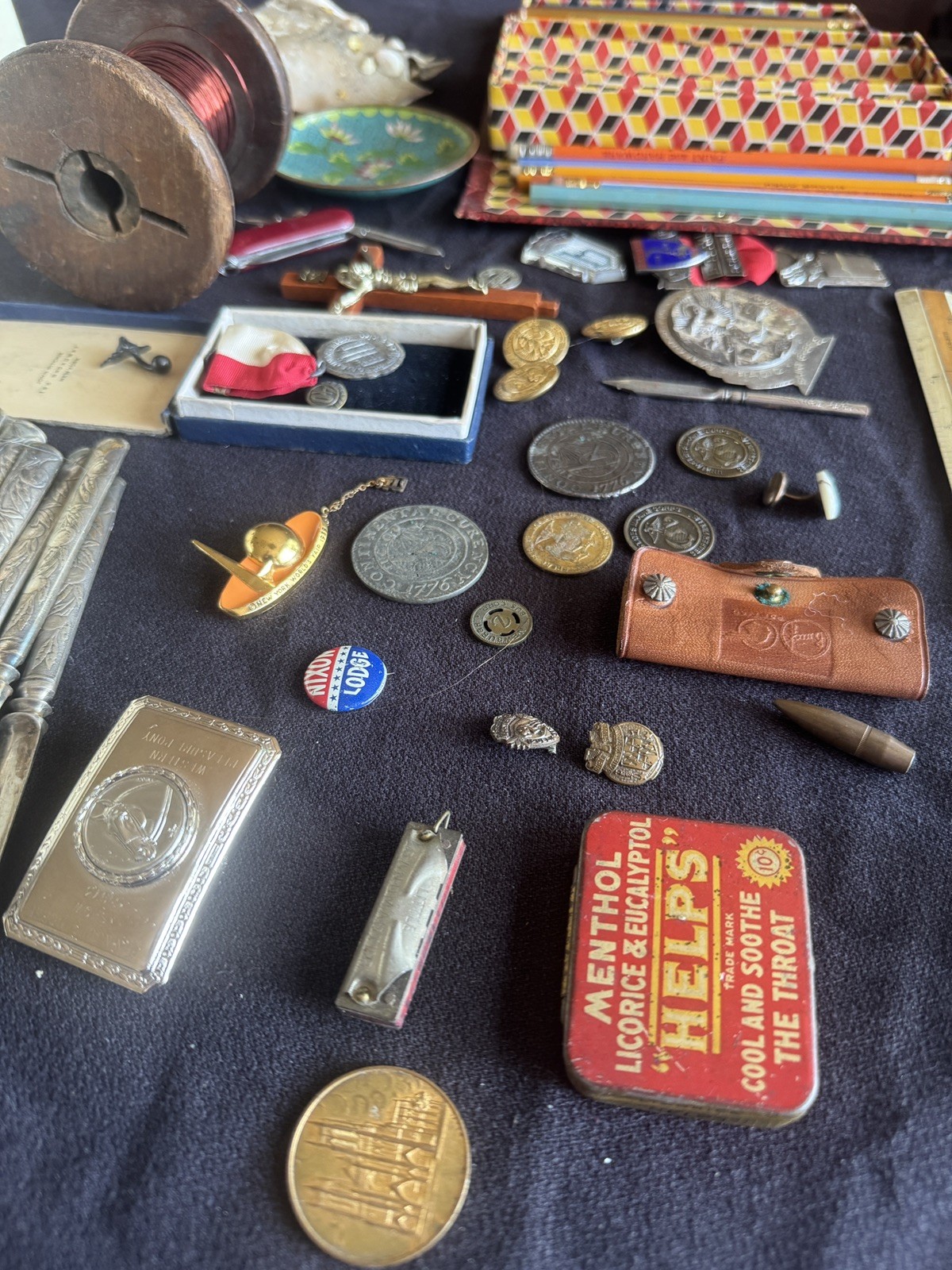 Mens Vintage Junk Drawer Advertising Pencils Worlds Fair Pin Tin Harmonica Coins