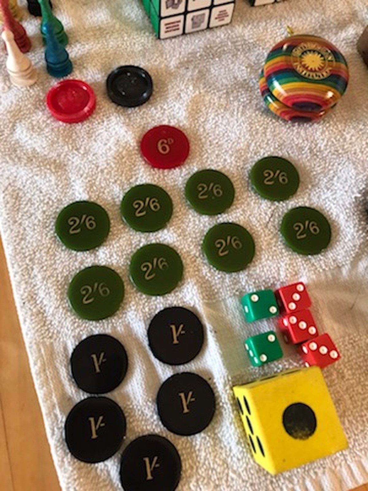 VINTAGE JUNK DRAWER LOT Cards, Board Game, Dice, Hand Games, Coasters, more
