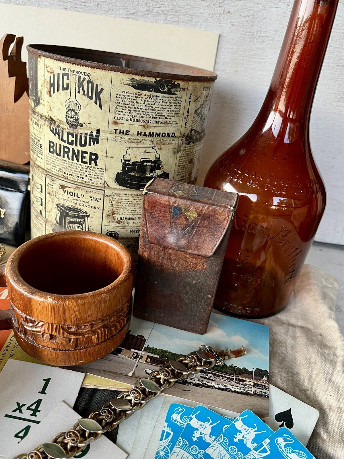 Vintage Junk Drawer Lot Postcards Costume Jewelry Medicine Bottles Silver Spoons