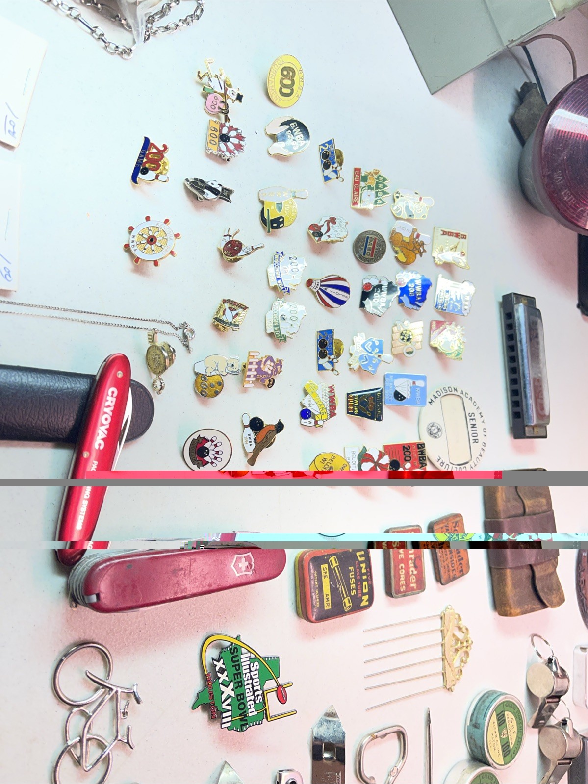 VINTAGE JUNK DRAWER LOT KNIVES, HARMONICA JEWELRY ADVERTISING SCOUTS WHEAT PENNY