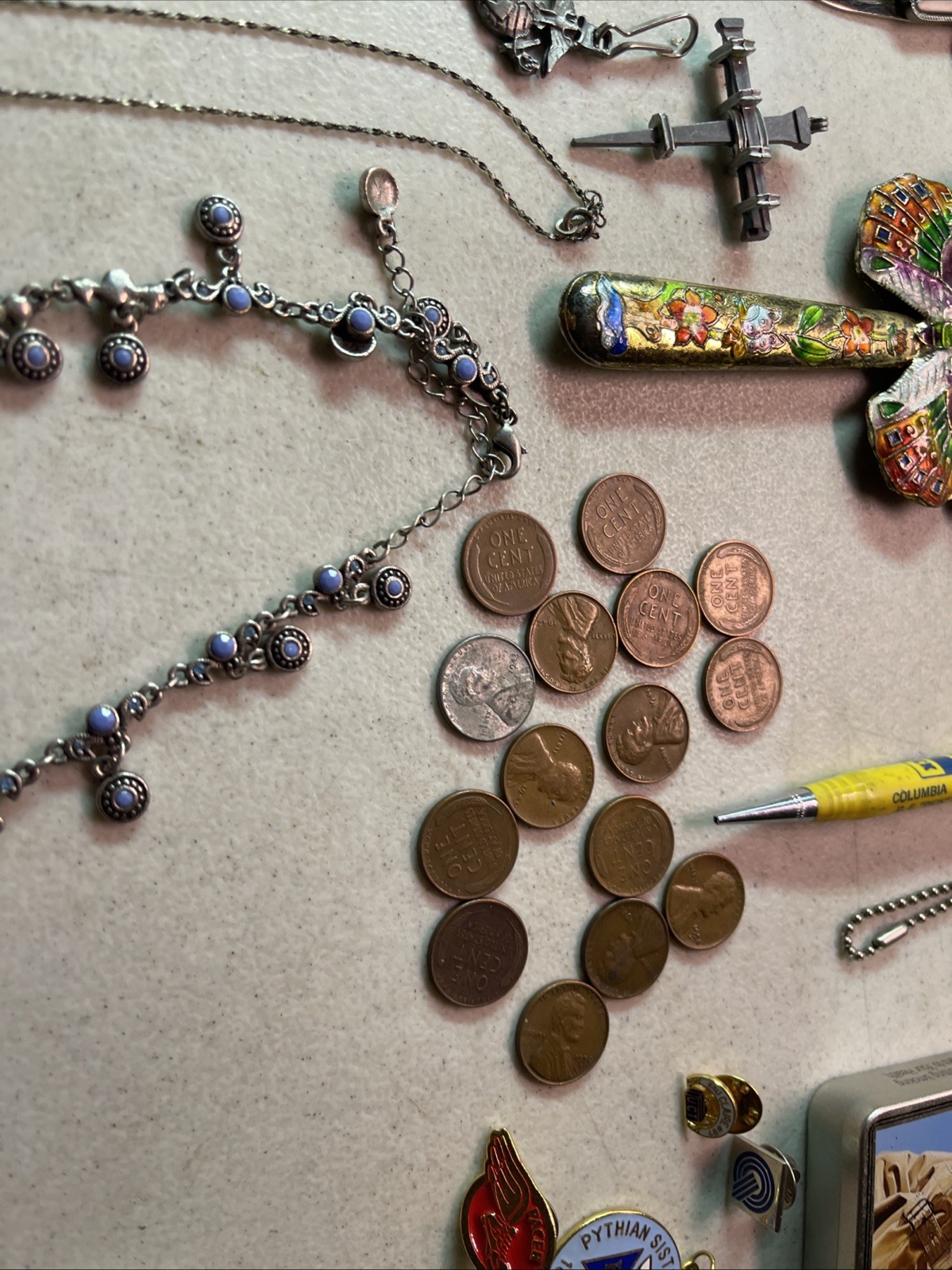 VINTAGE JUNK DRAWER LOT KNIVES, HARMONICA JEWELRY ADVERTISING SCOUTS WHEAT PENNY