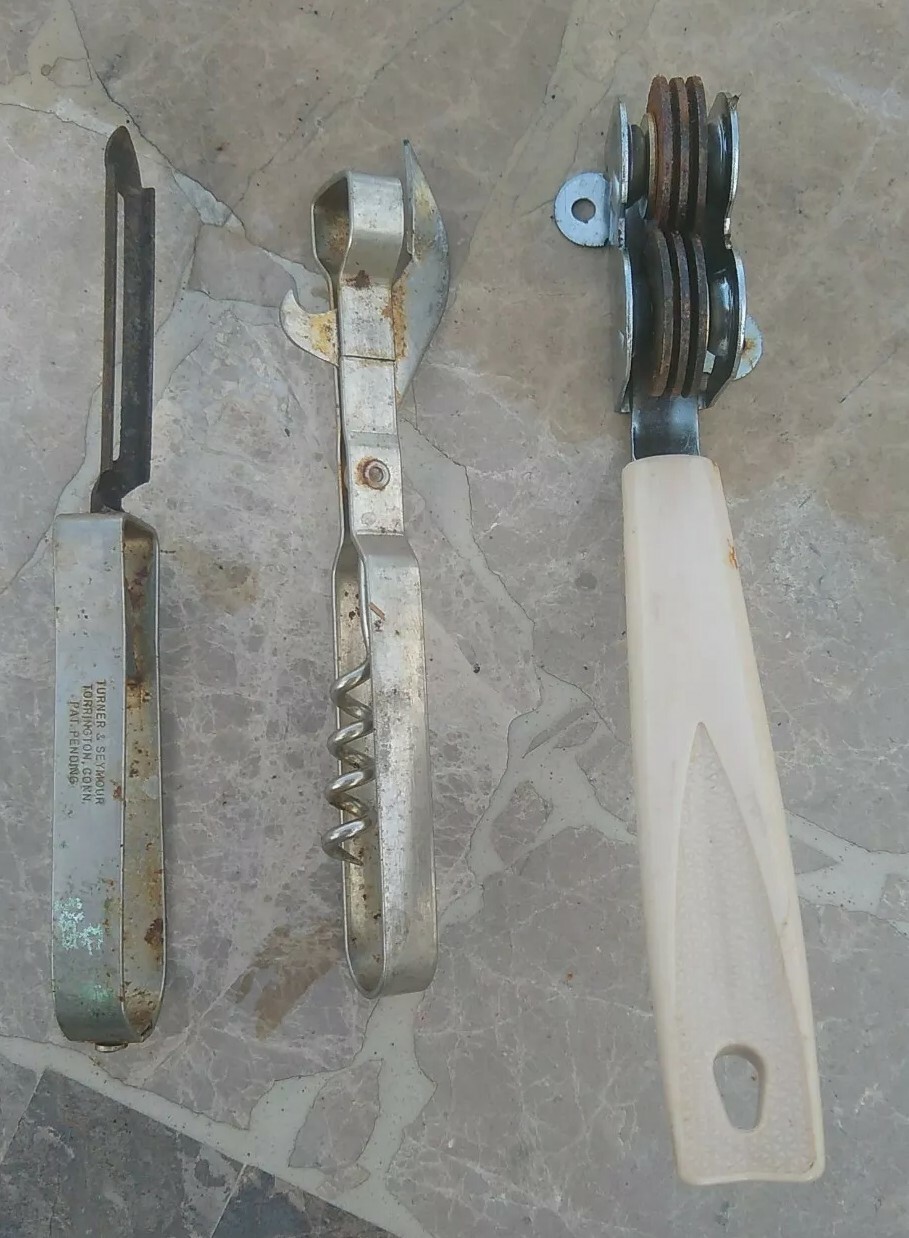 Junk Drawer Lot Mixed Old Flat Ware Can Opener Kitchen Items Rusty Vintage AS IS