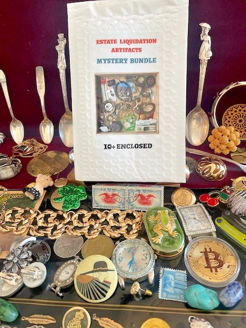 Estate Finds-Mixed smalls: Jewelry, Coins, Stamps, Watch, 10+vintage – lot BB5.1