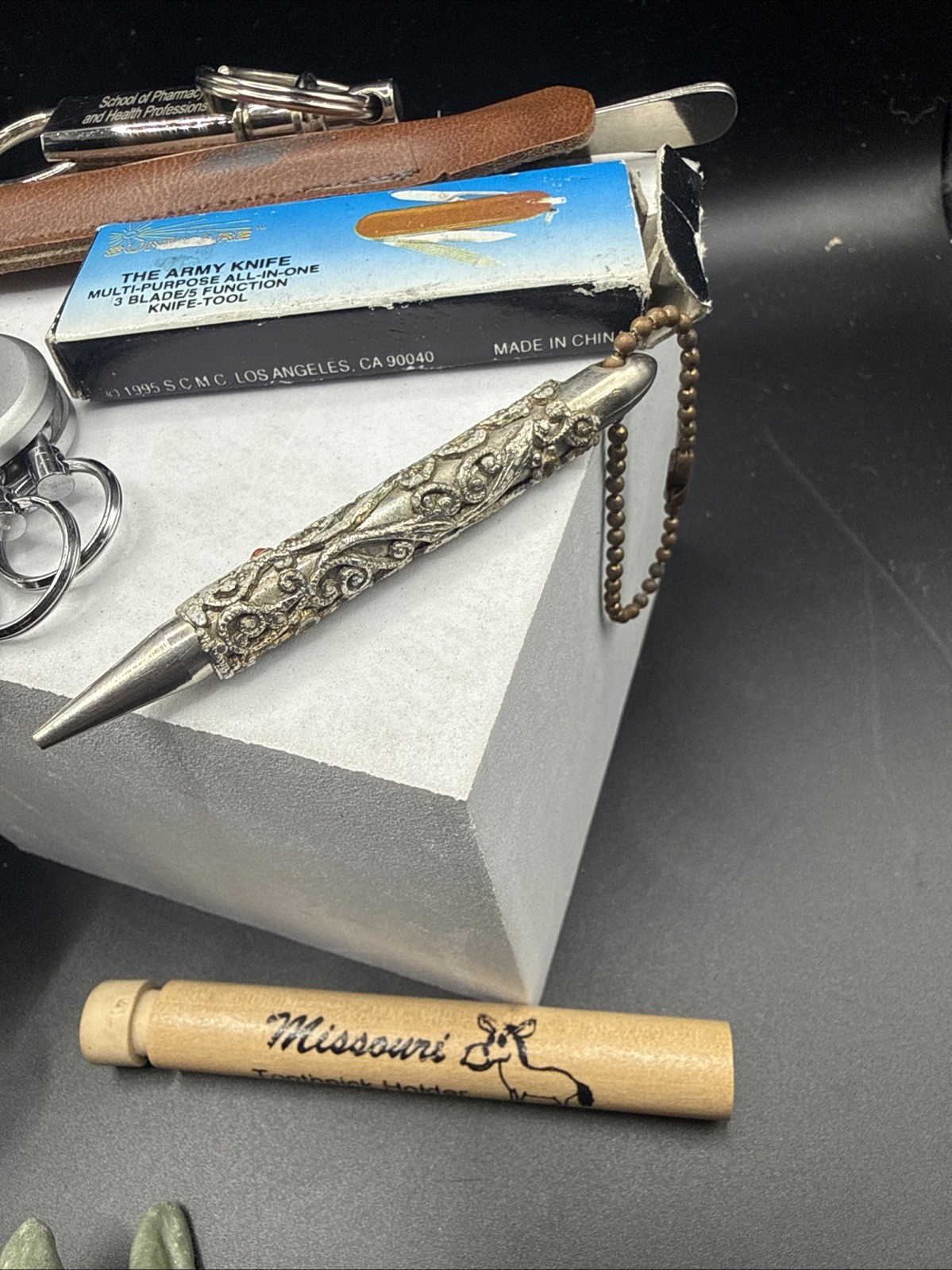 Vintage Grandma’s Junk Drawer Lot Crystal, Bracelet, Knife, Silver Pencil Etc