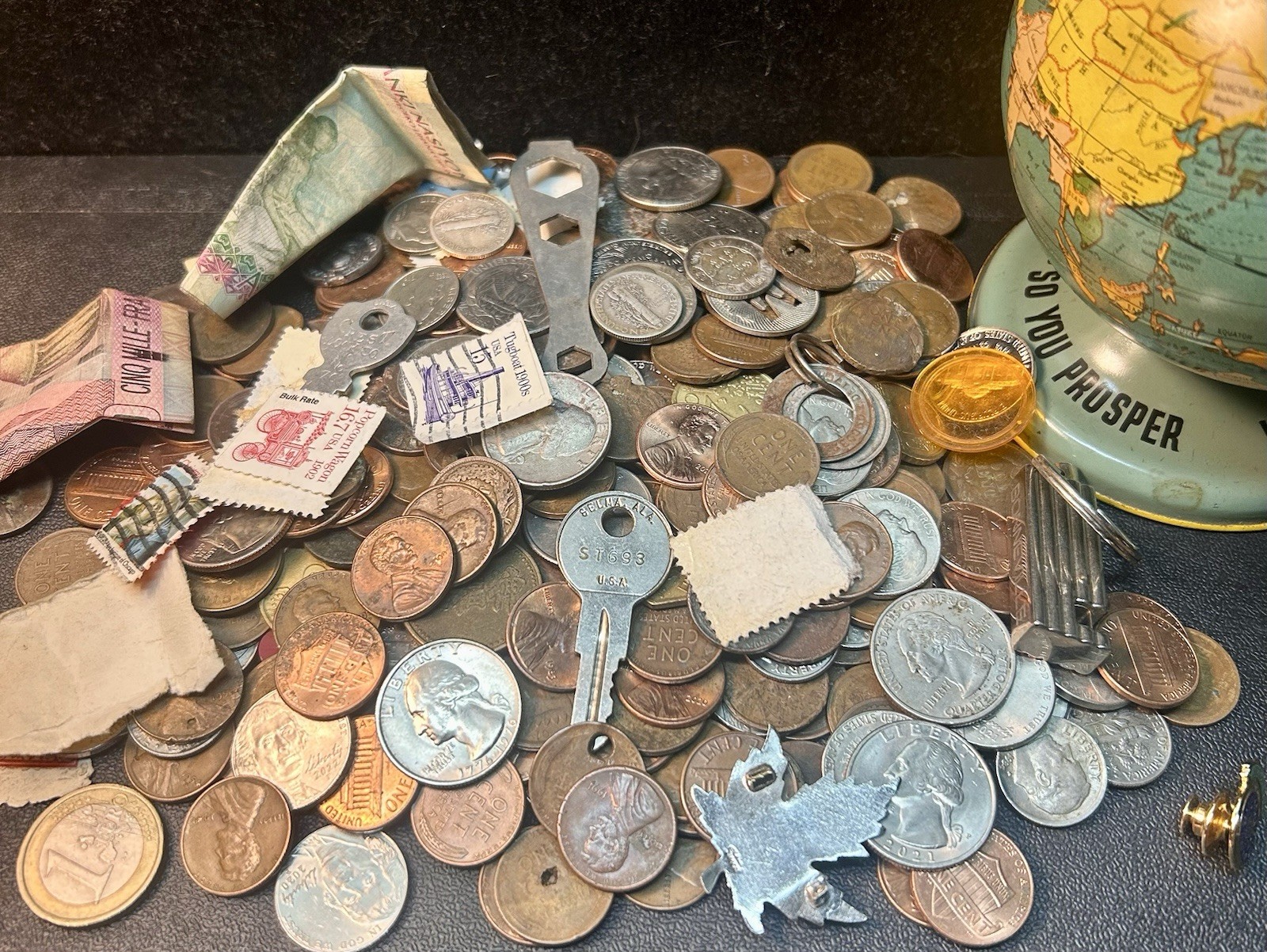 Tin Bank Full Of Coins, Sterling, Stamps, Collectibles Mercury Dimes, Indian 1C