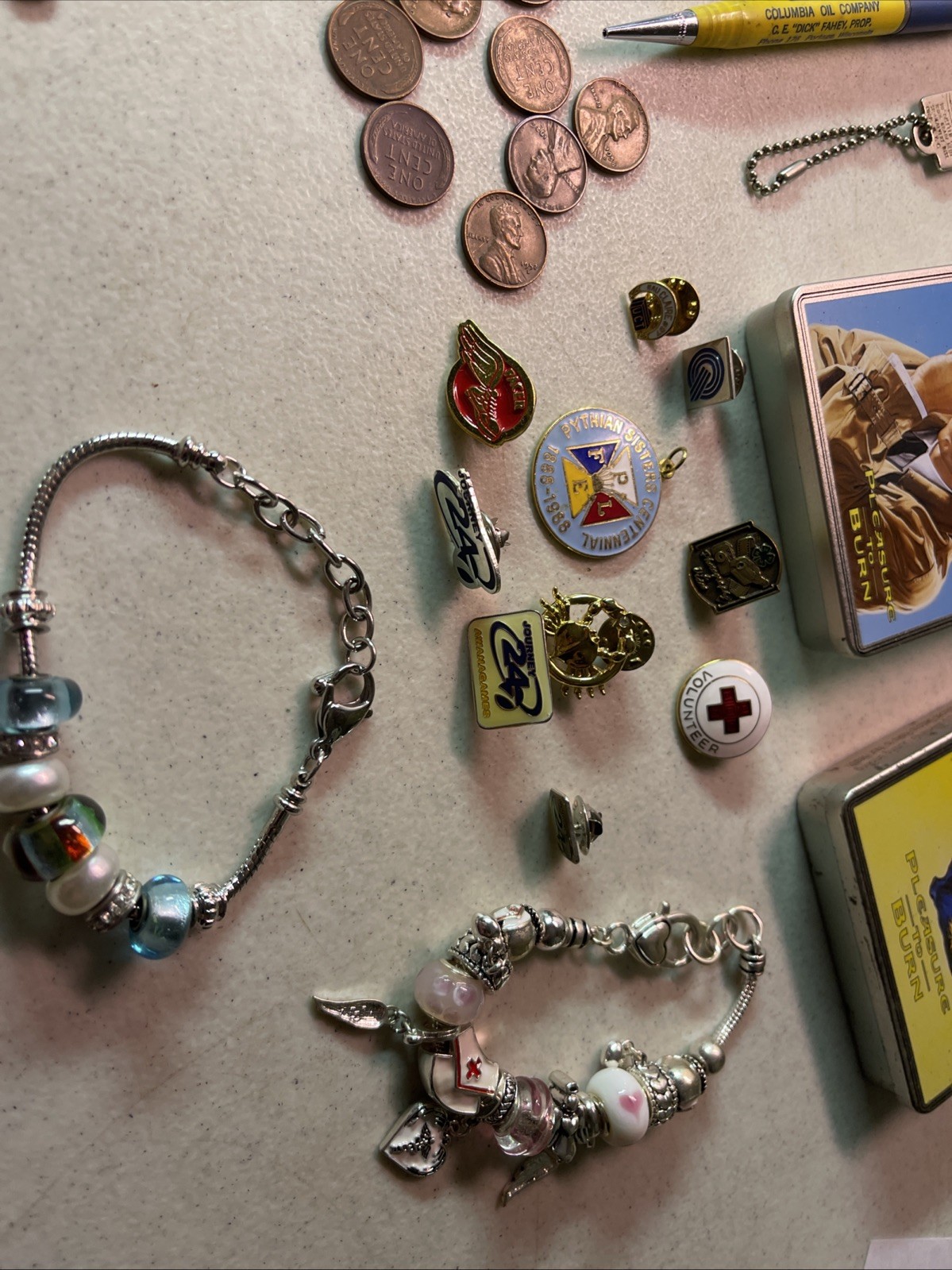 VINTAGE JUNK DRAWER LOT KNIVES, HARMONICA JEWELRY ADVERTISING SCOUTS WHEAT PENNY