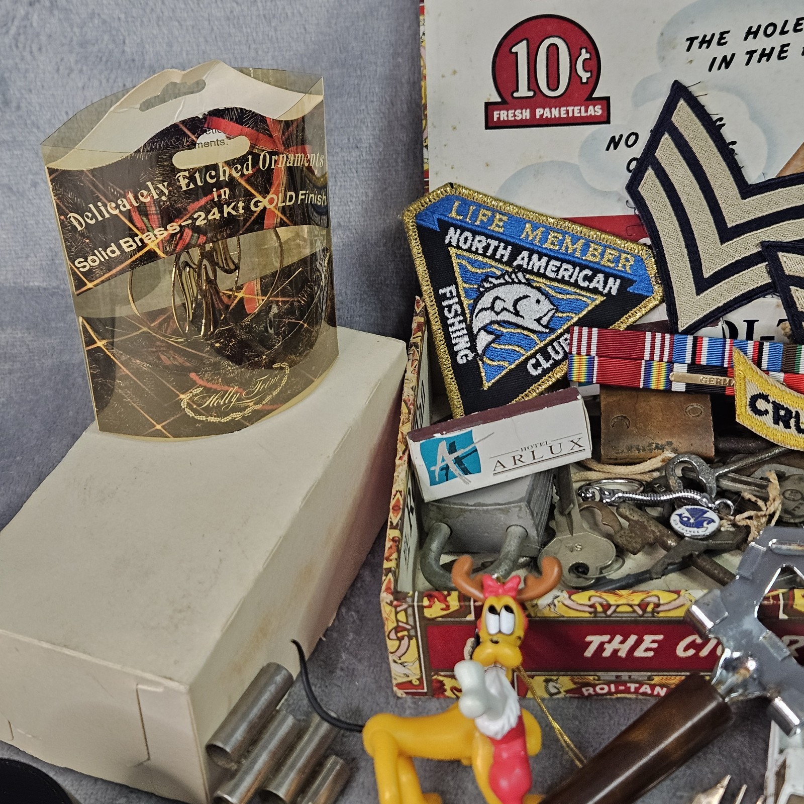 Huge VTG Junk Drawer Lot Skeleton Keys Cigar Box Bakelite Ertl Hammock Cars More
