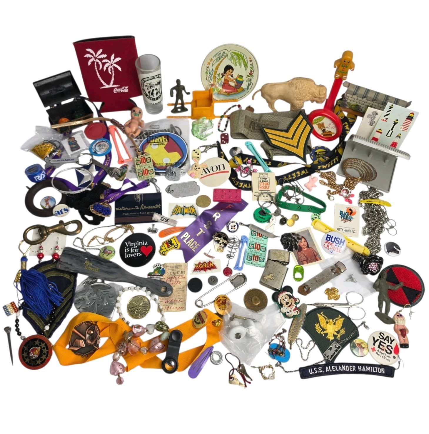 Junk Drawer Lot Toys Pins Stamps Military Coin Trinket Jewelry Patches Vintage