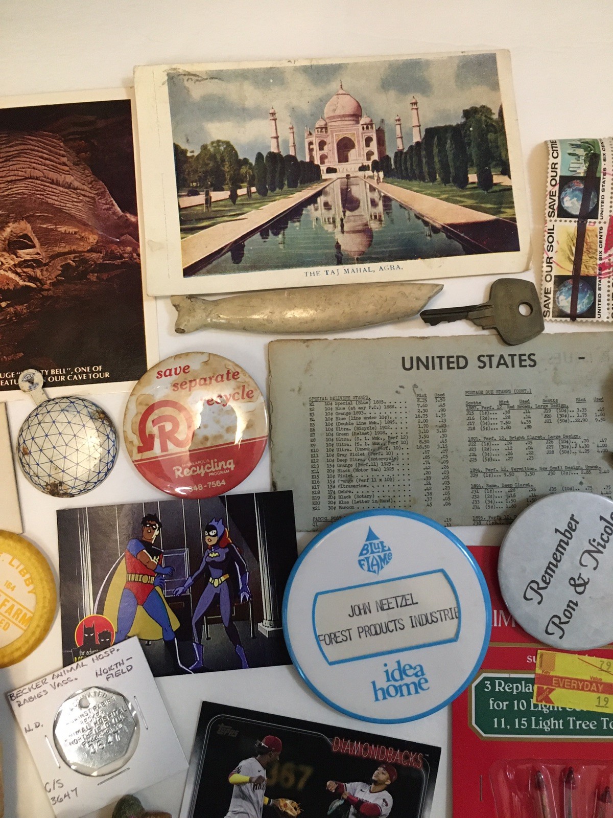 Vintage Junk Drawer Lot Ephemera Pinback Buttons Texas Auction Catalog Songbook