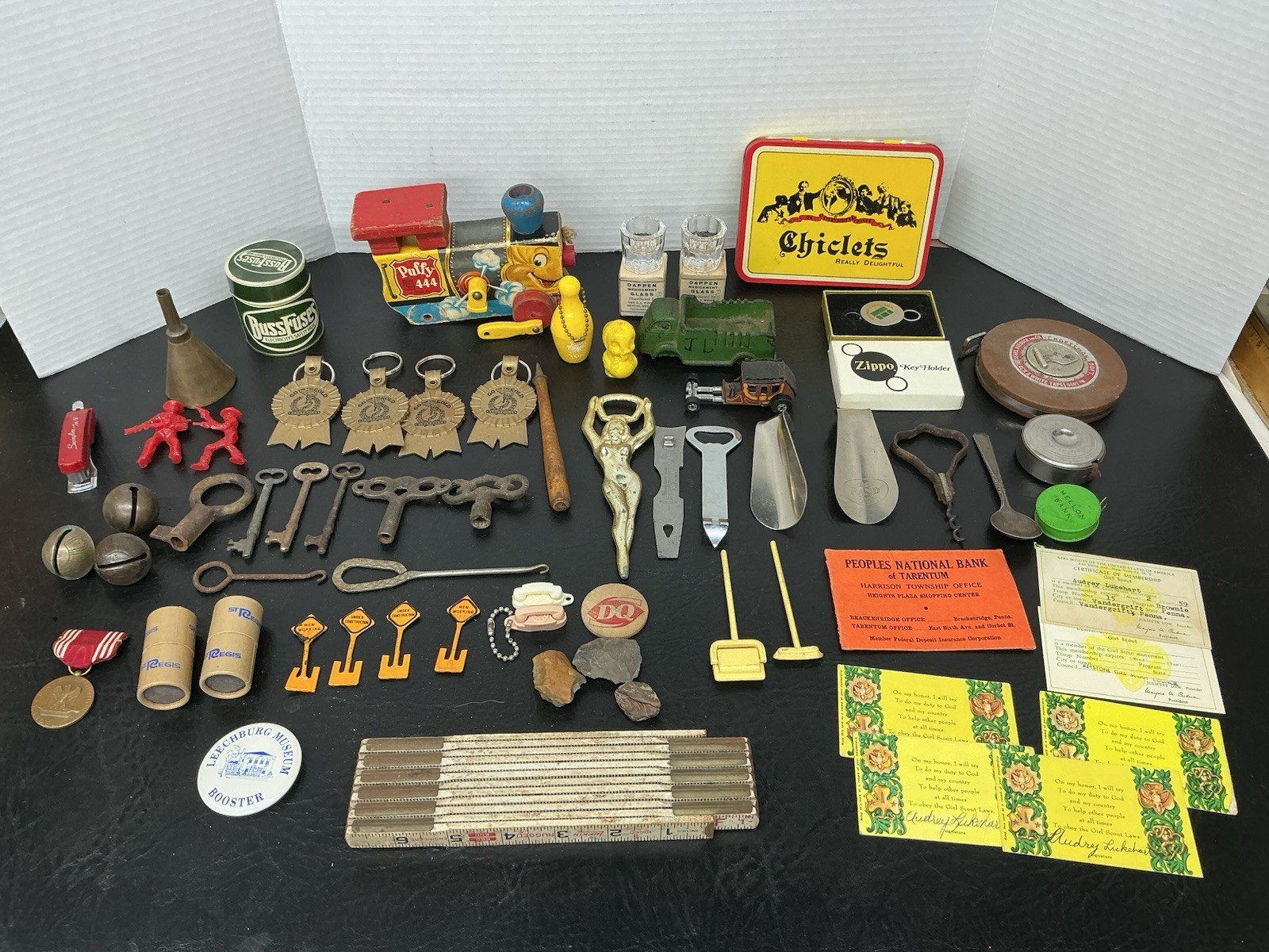 Vtg Junk Drawer Lot Skeleton Clock Key Bell Zippo Toys Tape Measure Opener Pins
