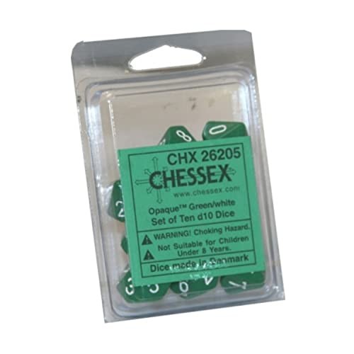Chessex 26205 Opaque d10 Dice, Set of 10, Green and White