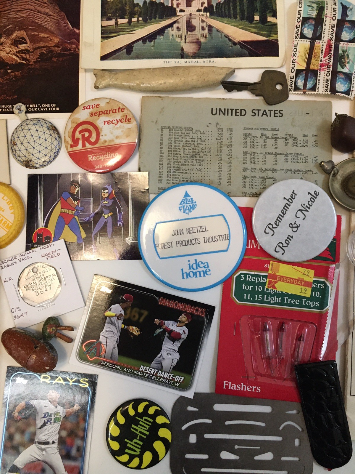 Vintage Junk Drawer Lot Ephemera Pinback Buttons Texas Auction Catalog Songbook