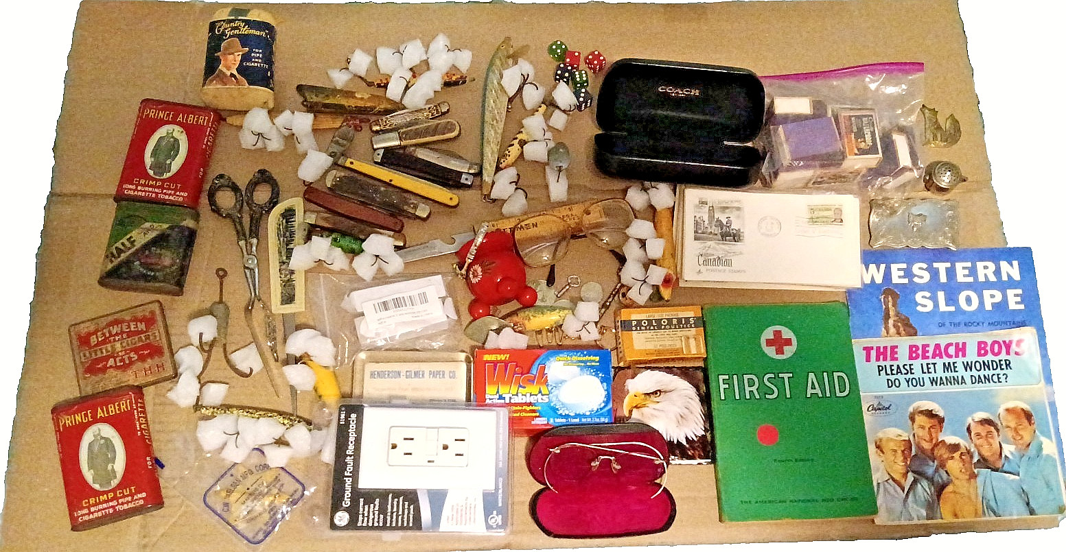 Junk Drawer Lot Vintage & Modern Lures Knives Tobacciana Ephemera Eyeglasses etc