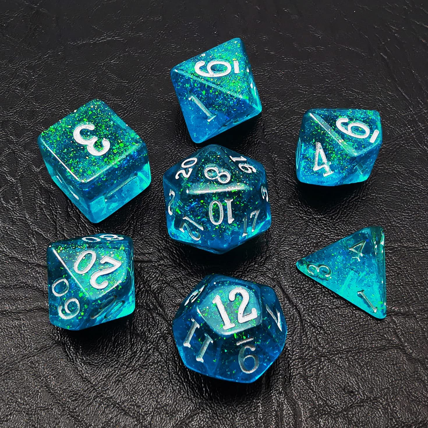 Bescon Blue Shimmery Polyhedral RPG Dice Set – 7 Dice in Brick Box Packaging
