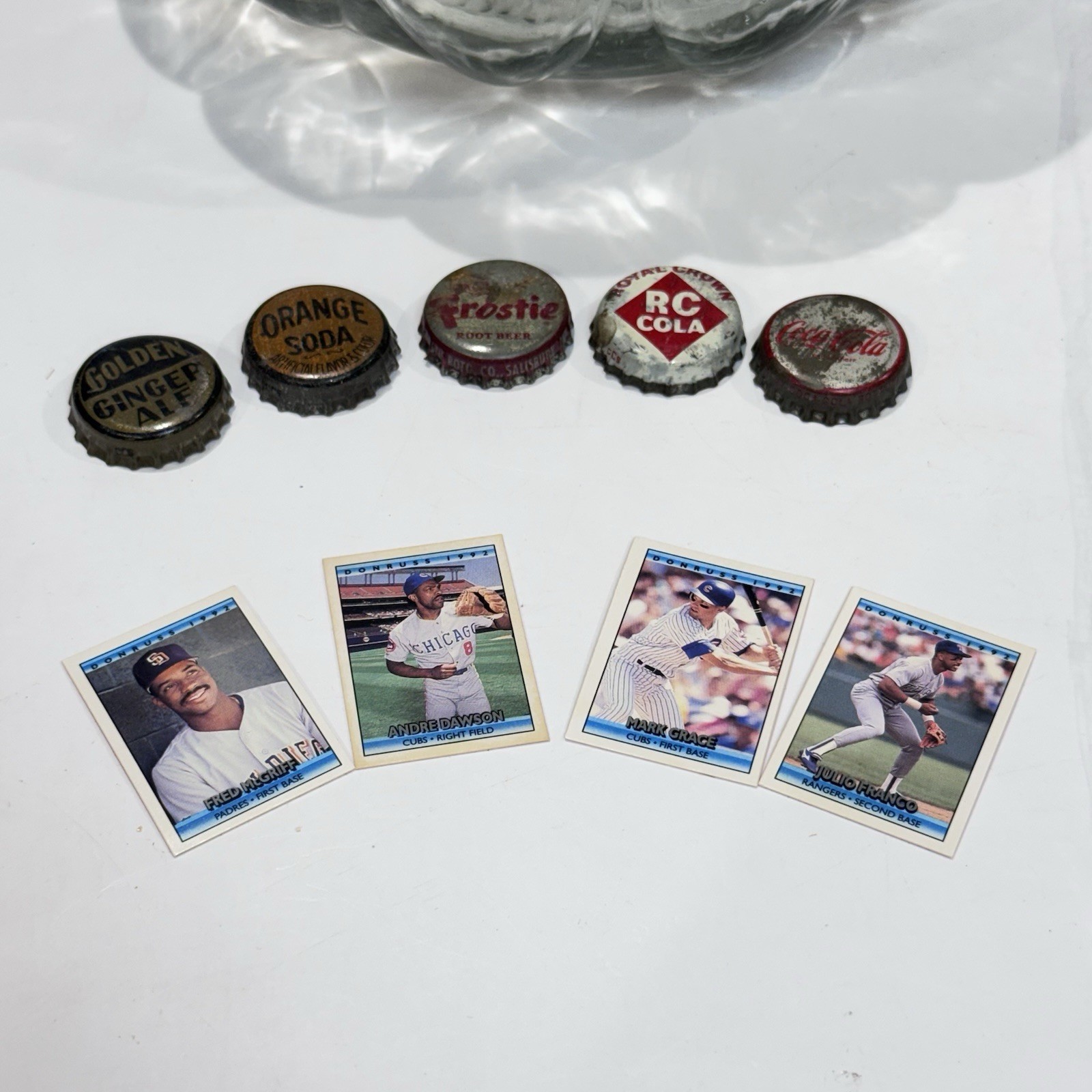 Vintage Curated Lot in Glass Jar w Cork Lid Cards Cracker Jack Bottle Caps Socks