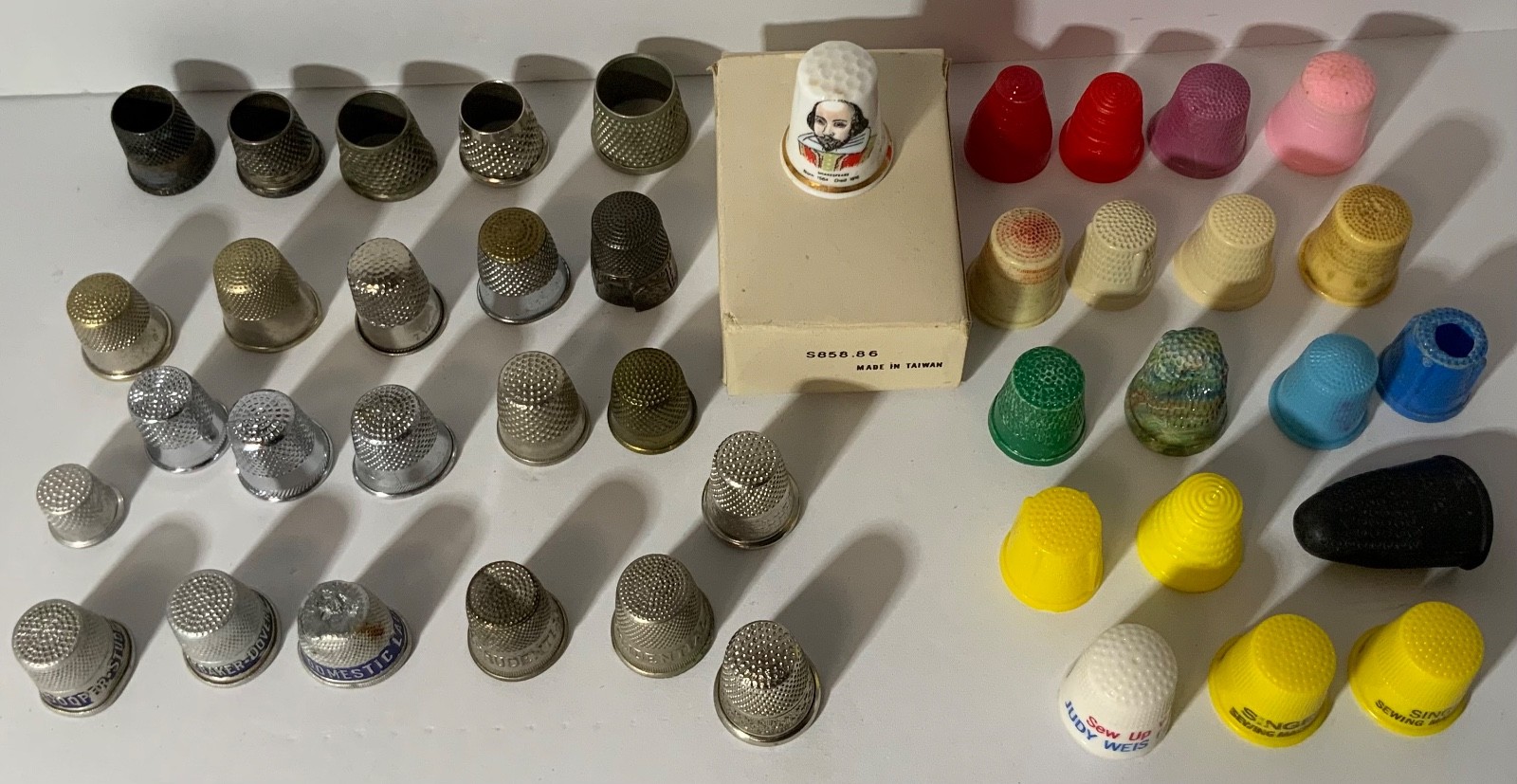 VTG Junk Drawer Assemblage Art Mixed Media Sewing Thimbles Lot (43) Advertising
