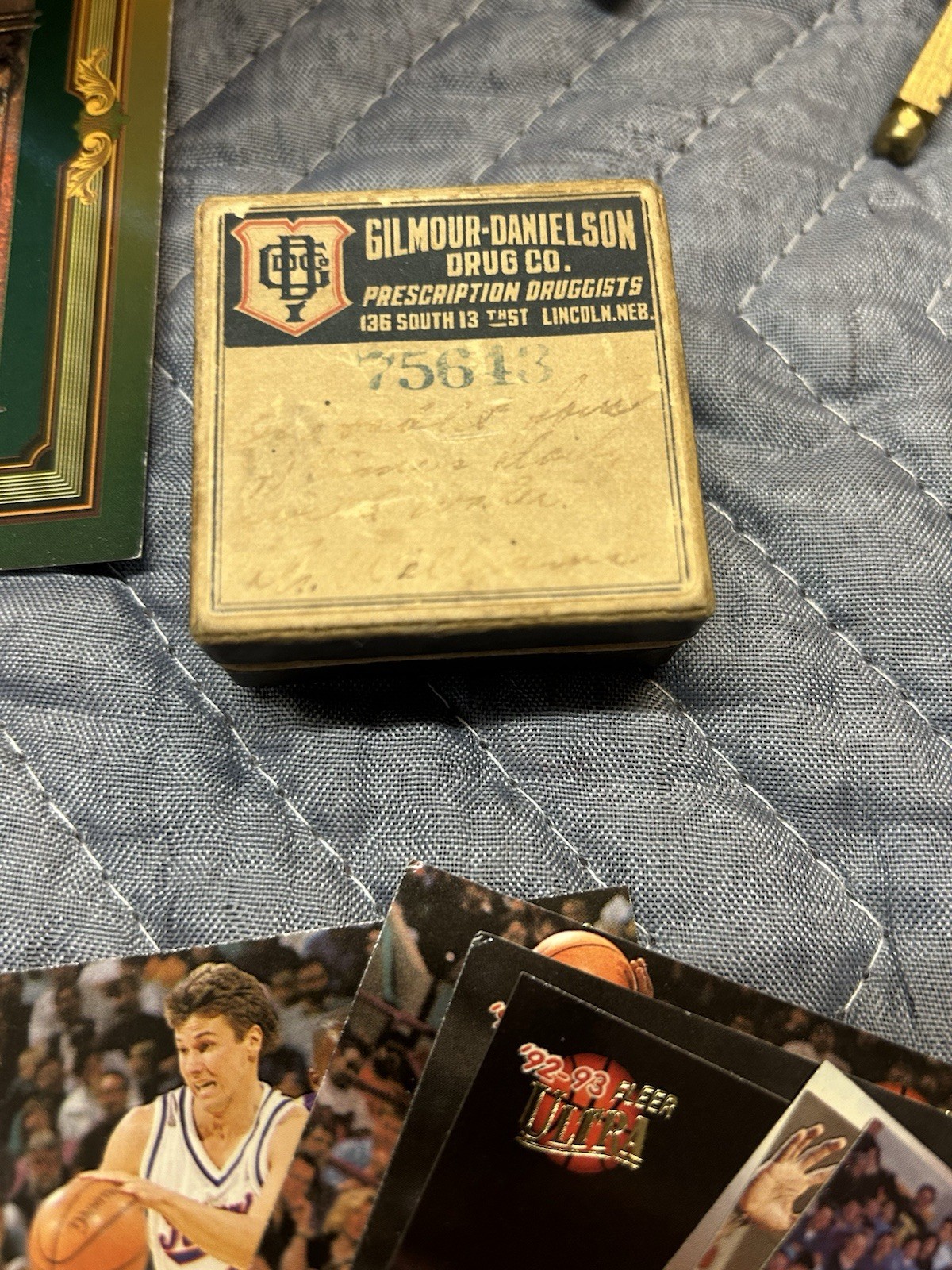 Junk Drawer Lot, Vintage Dominoes, Beer Bucket, Basketball cards, Brewery hat