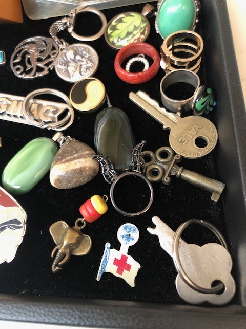 Junk Drawer Lot estate coins keychains pins box keys brass belt buckle stamps