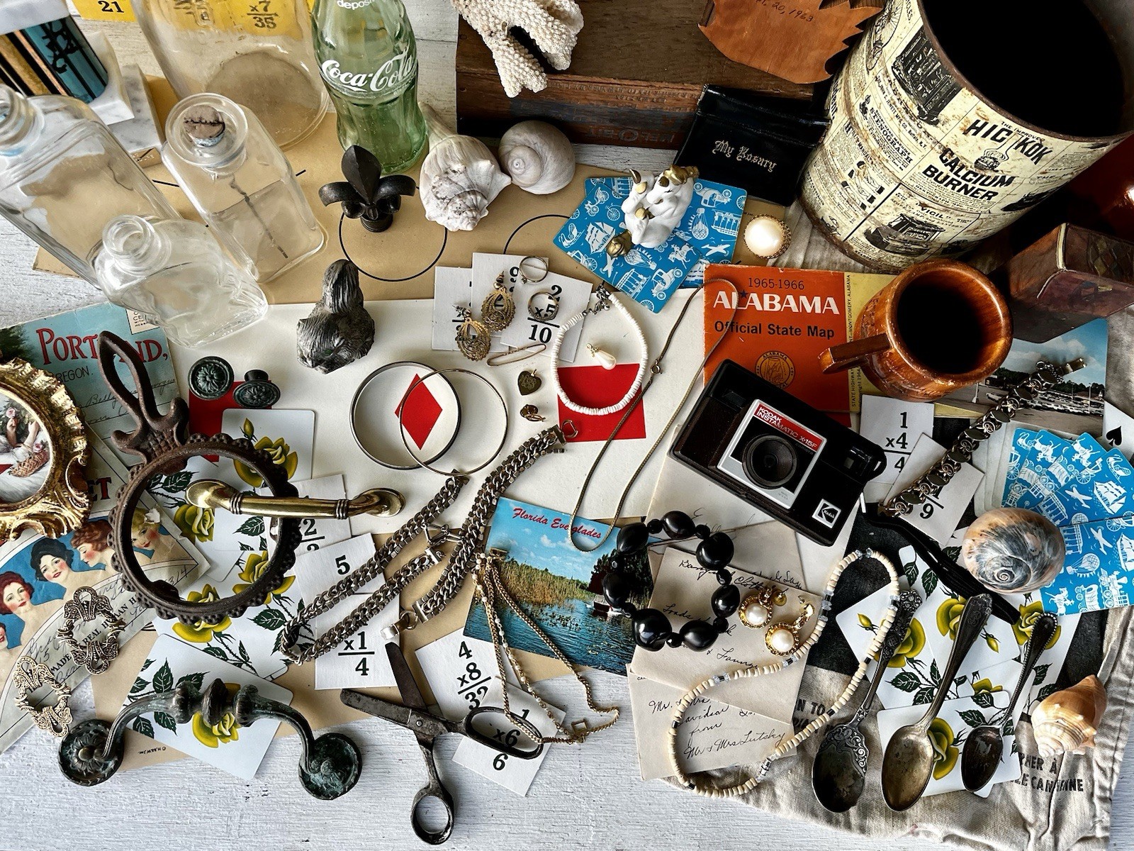 Vintage Junk Drawer Lot Postcards Costume Jewelry Medicine Bottles Silver Spoons