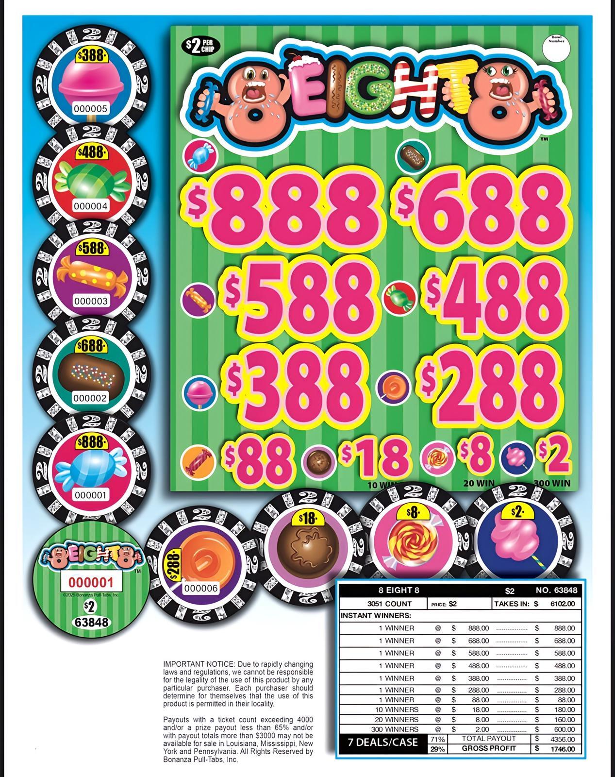 Pull Tab Tickets – Chips – Game – $2 Ticket – Eight Eight Eight – 3,051 ct