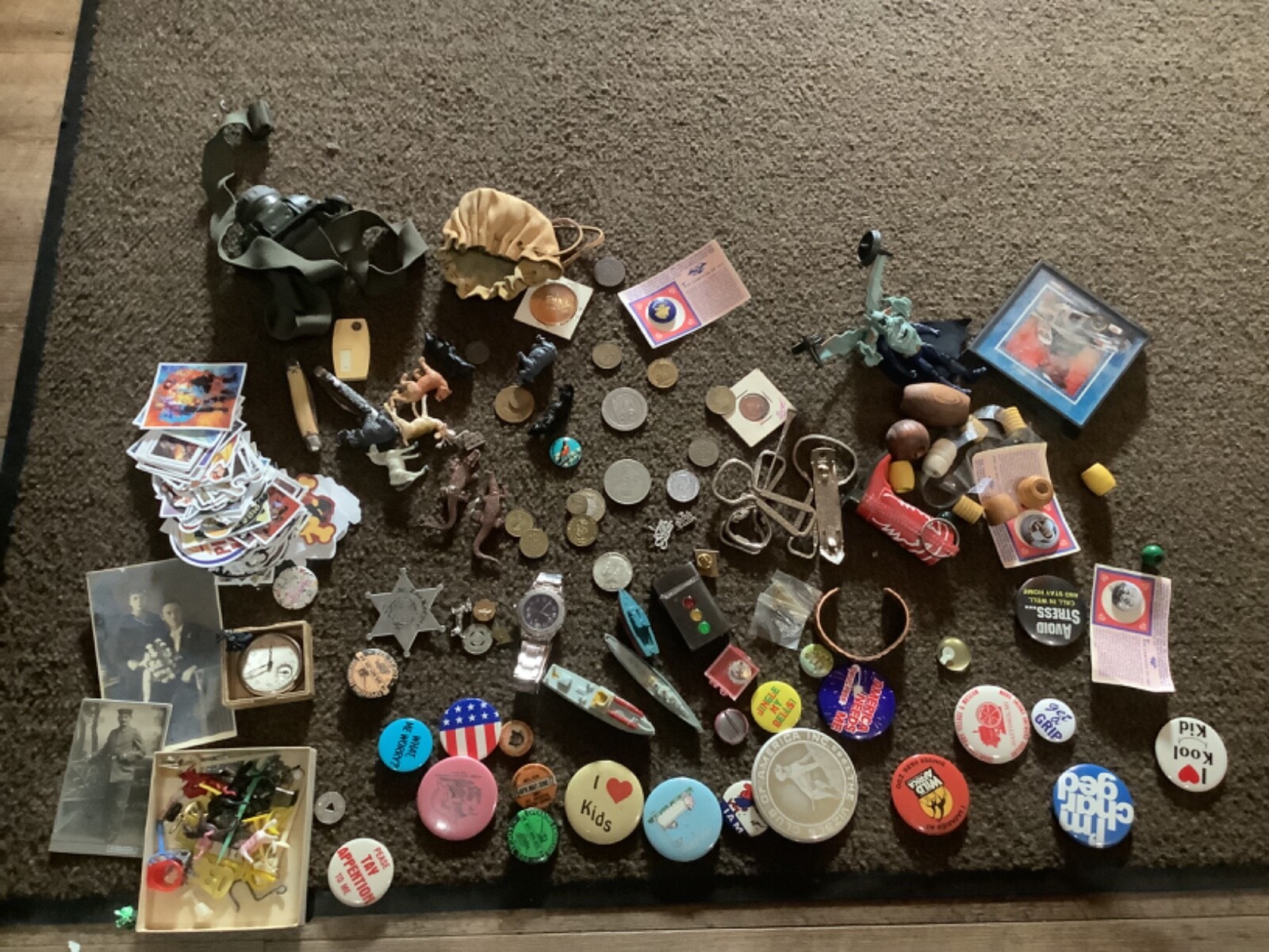 Vintage 0s junk drawer dime toys silver coin pins coins zippo knifes jewelry etc