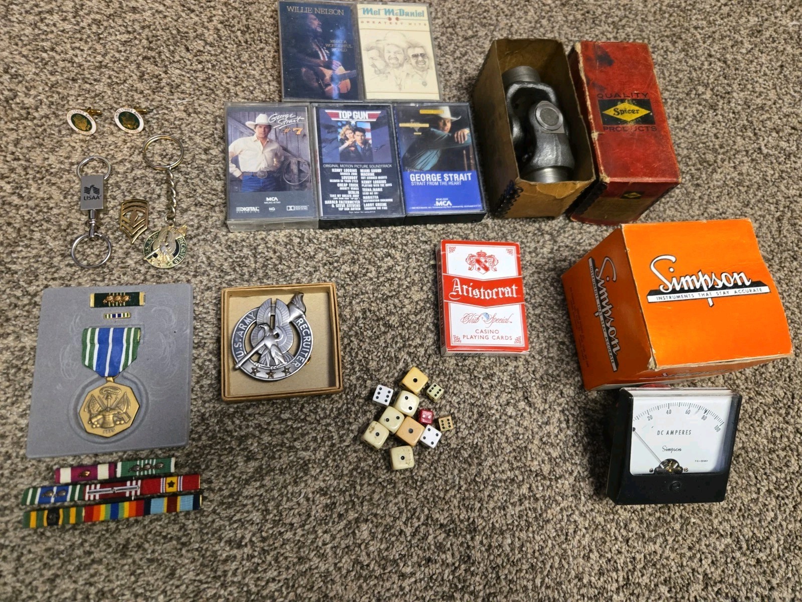 Grandpa’s Junk Drawer Lot of Vintage Collectibles Cards Dice Army Medals Tapes