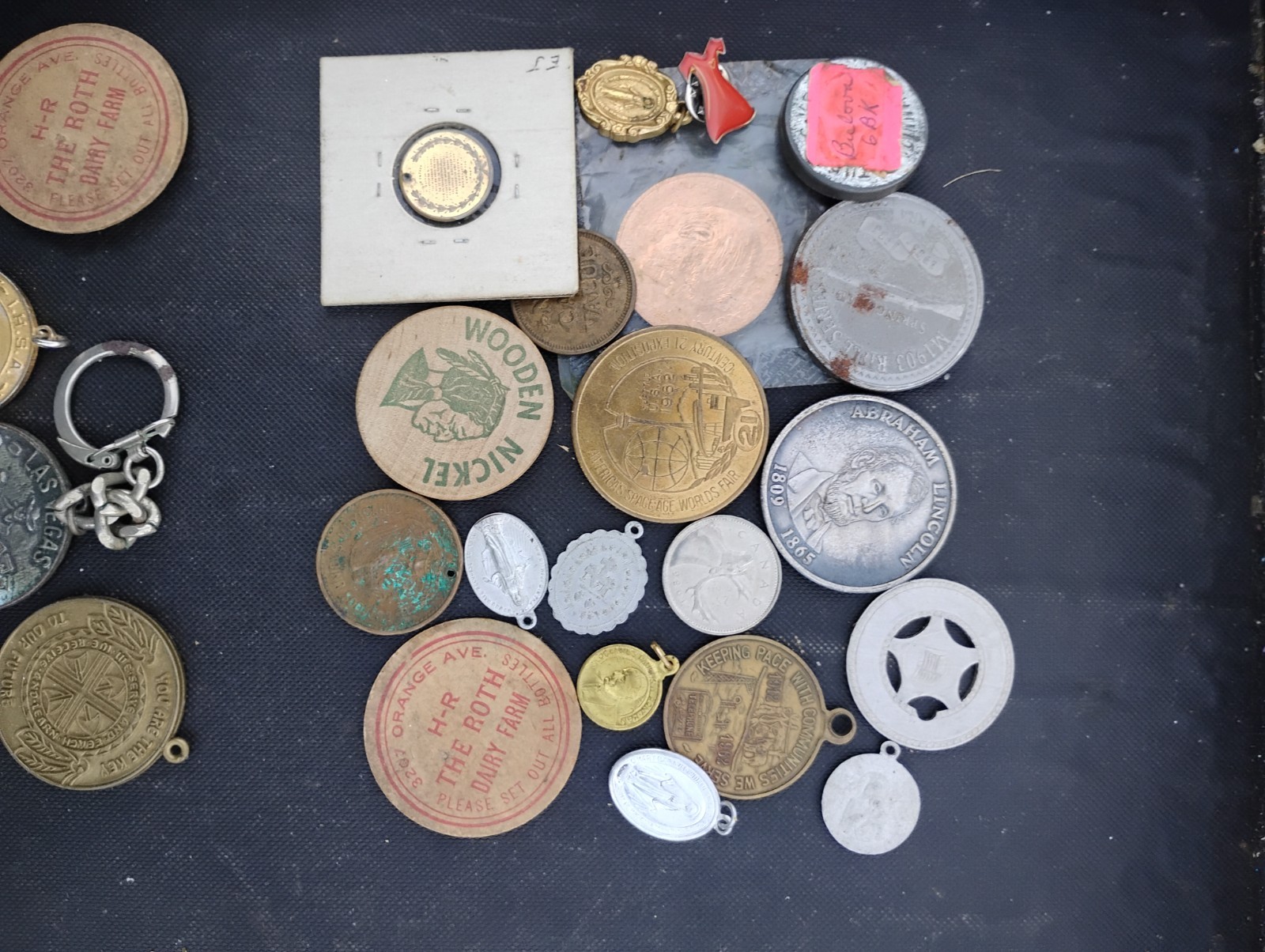 junk drawer lot tokens coins relig. pins key chain lot1 over 60 pieces