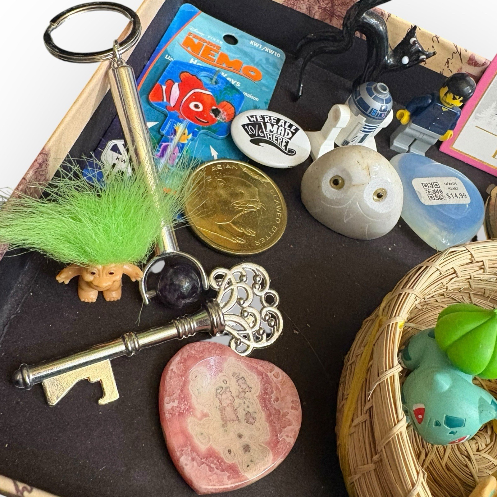 Random Junk Drawer Lot Pokémon LEGO R2D2 Keychains Pins Trinkets Mixed Grab Bag