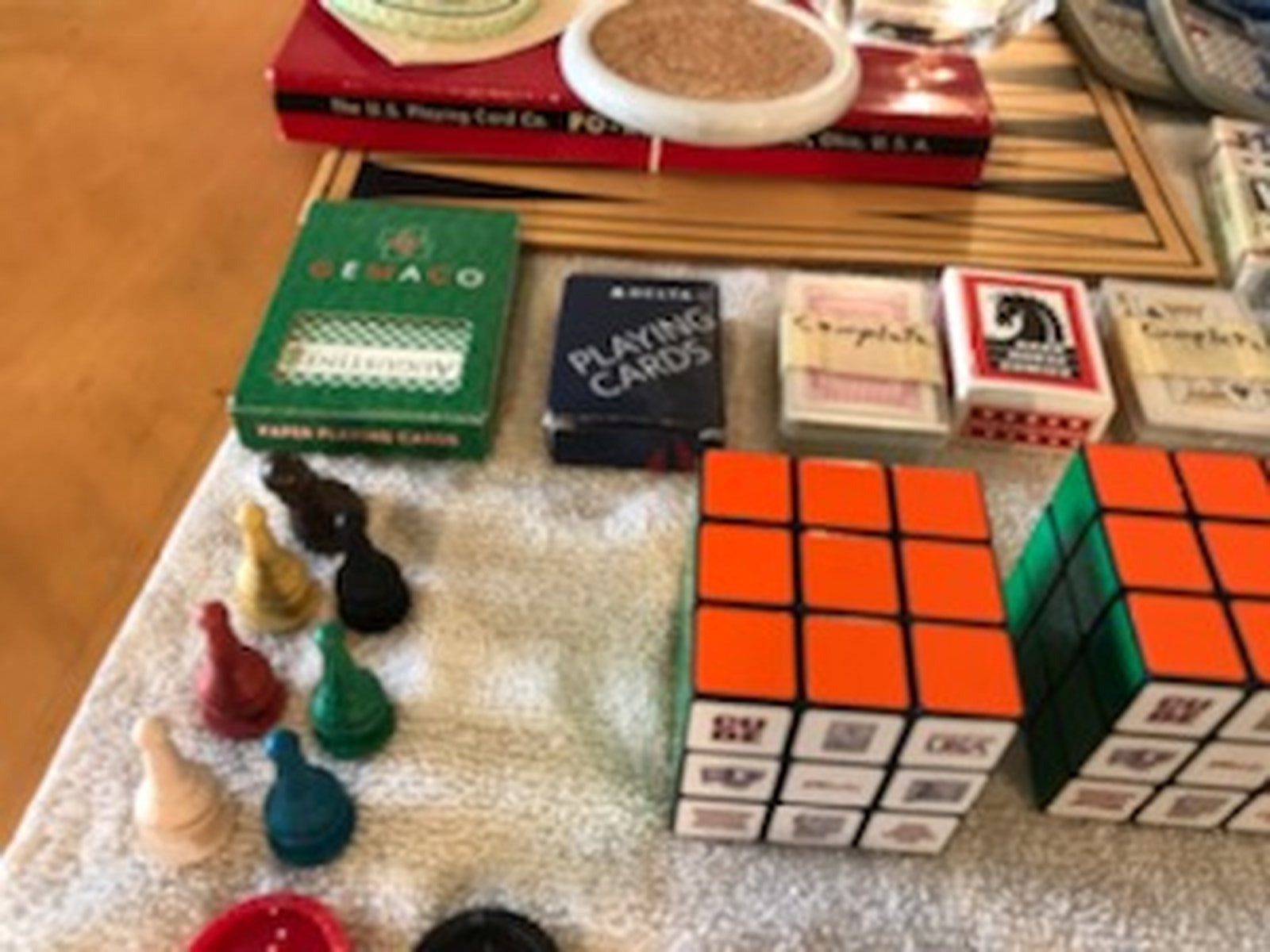 VINTAGE JUNK DRAWER LOT Cards, Board Game, Dice, Hand Games, Coasters, more