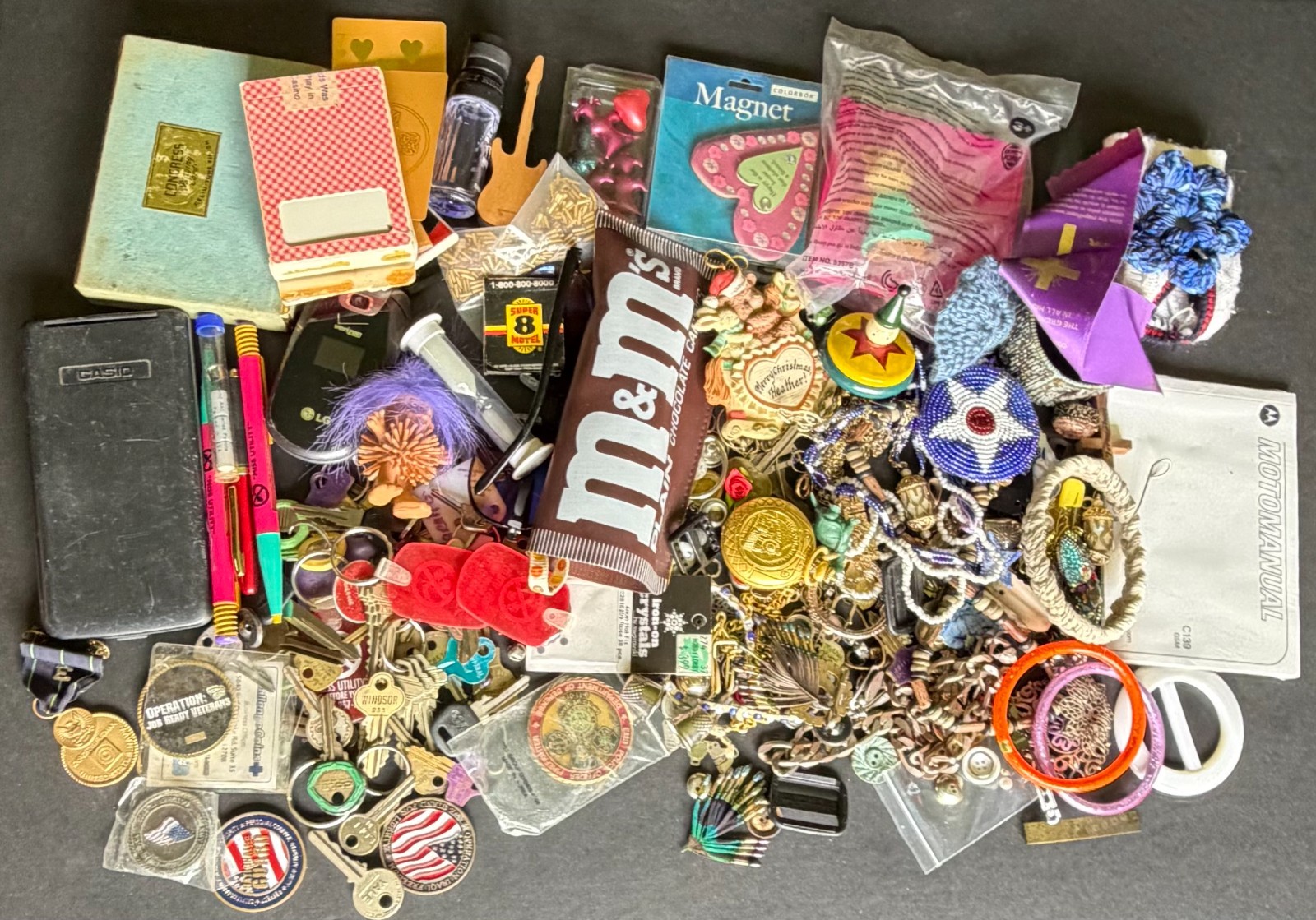 Vintage Junk Drawer Lot Estate Finds Jewelry Keys Buttons Military ect