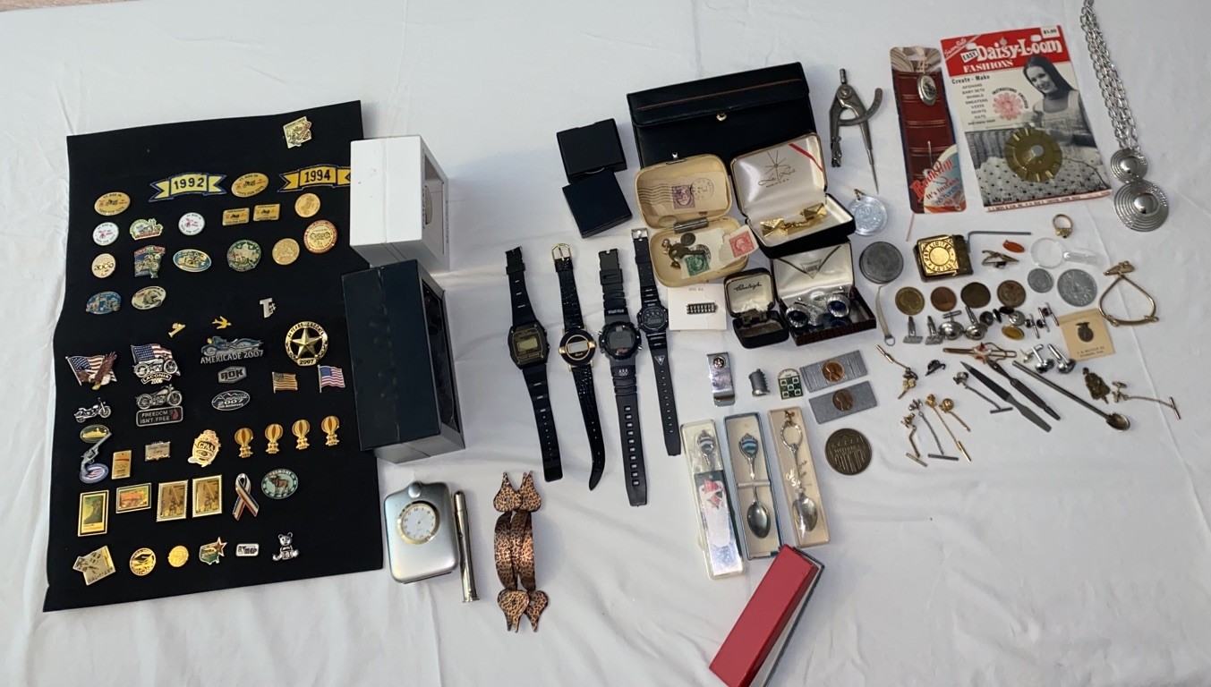 Beautiful Vintage Junk Drawer mixed Lot Watches Medals Pins Jewelry etc!