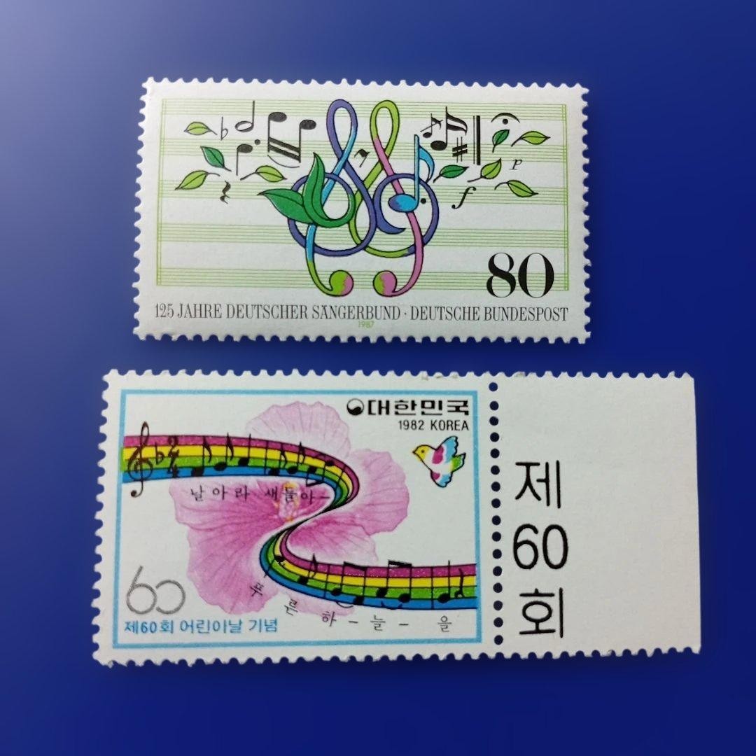 Foreign stamps, multiple countries, music and sheet music designs, 7 types of