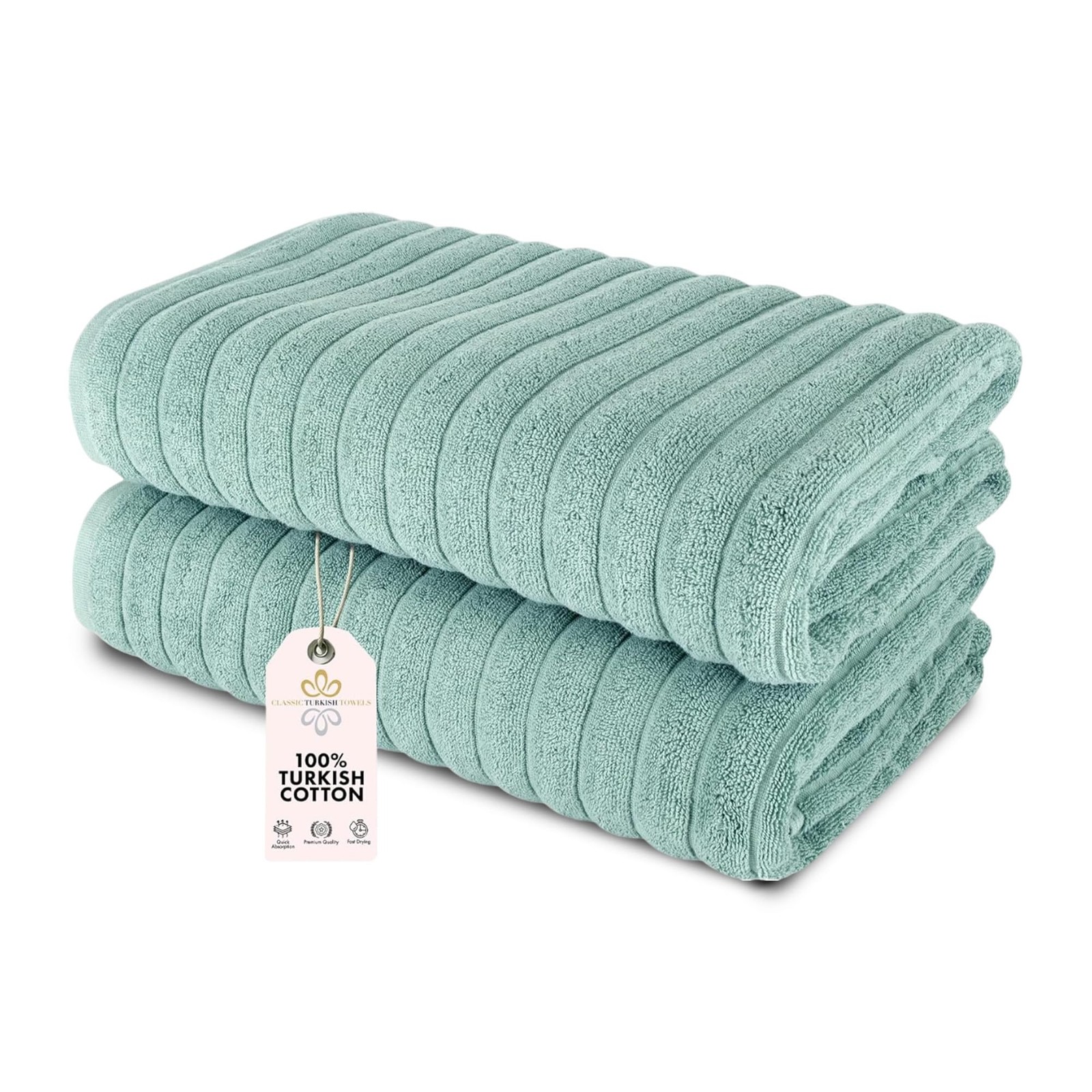 Classic Turkish Towels 2-Piece Jumbo Bath Sheets – 100% Cotton, Spa Green