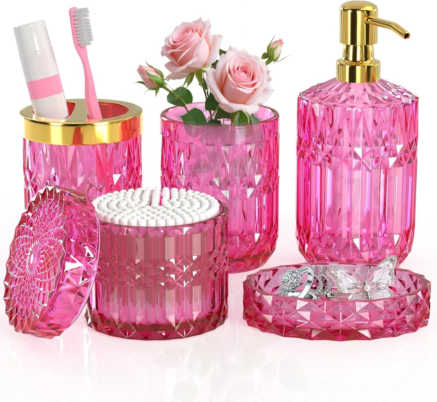 Hot-Pink Glass Bathroom Accessories Set 5 Pcs, Hot-Pink Bathroom Set, Soap …..