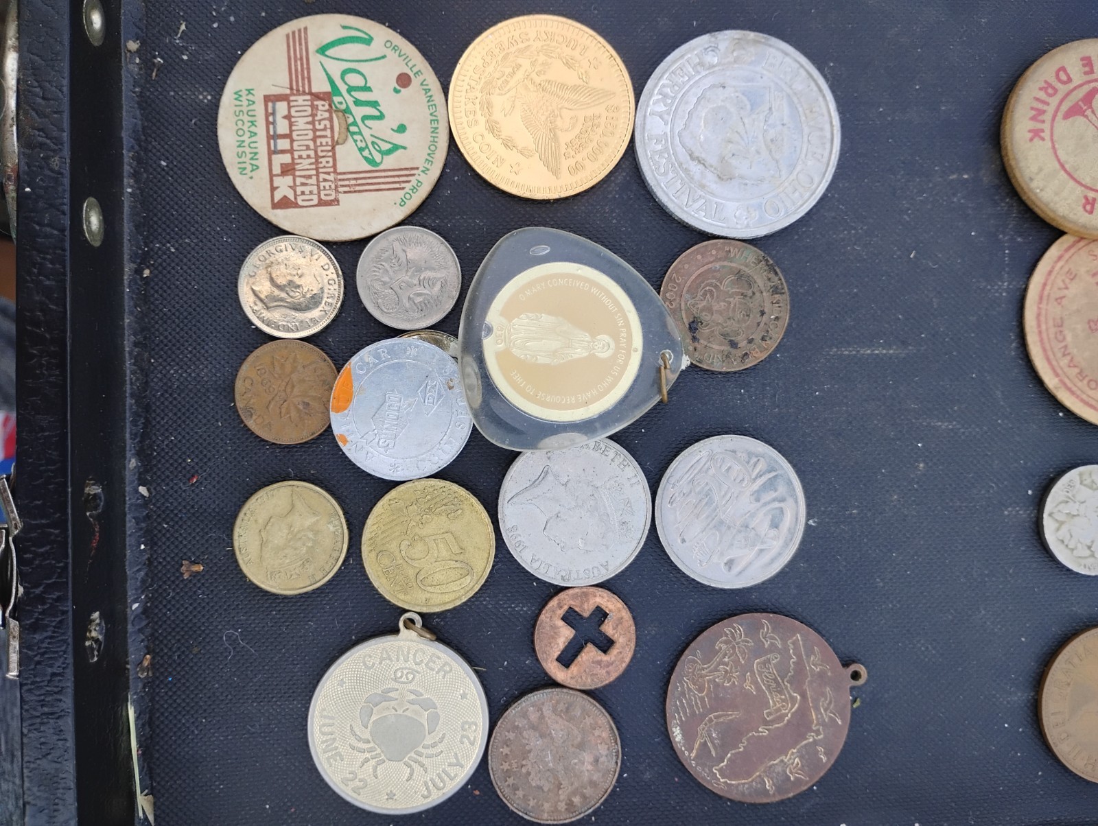 junk drawer lot tokens coins relig. pins key chain lot1 over 60 pieces