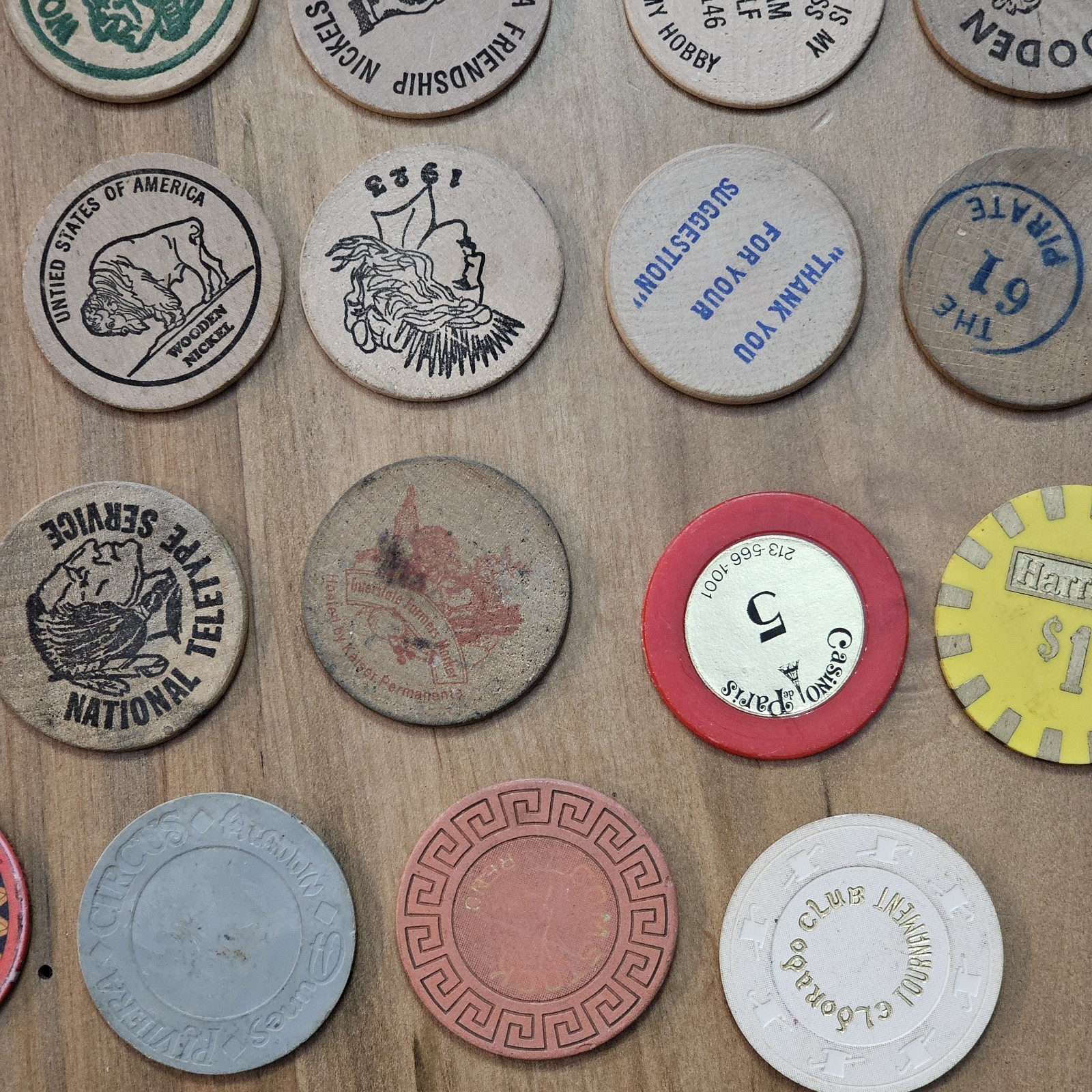 Junk Drawer Lot- Wooden Nickels, Casino Chips, Milk Cap -Washington, Oregon, Ect