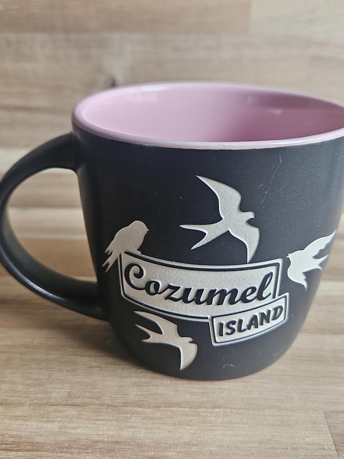 Cozumel Island Mexico Matte Black and Pink Ceramic Mug 3.25 In Tall Souvenir