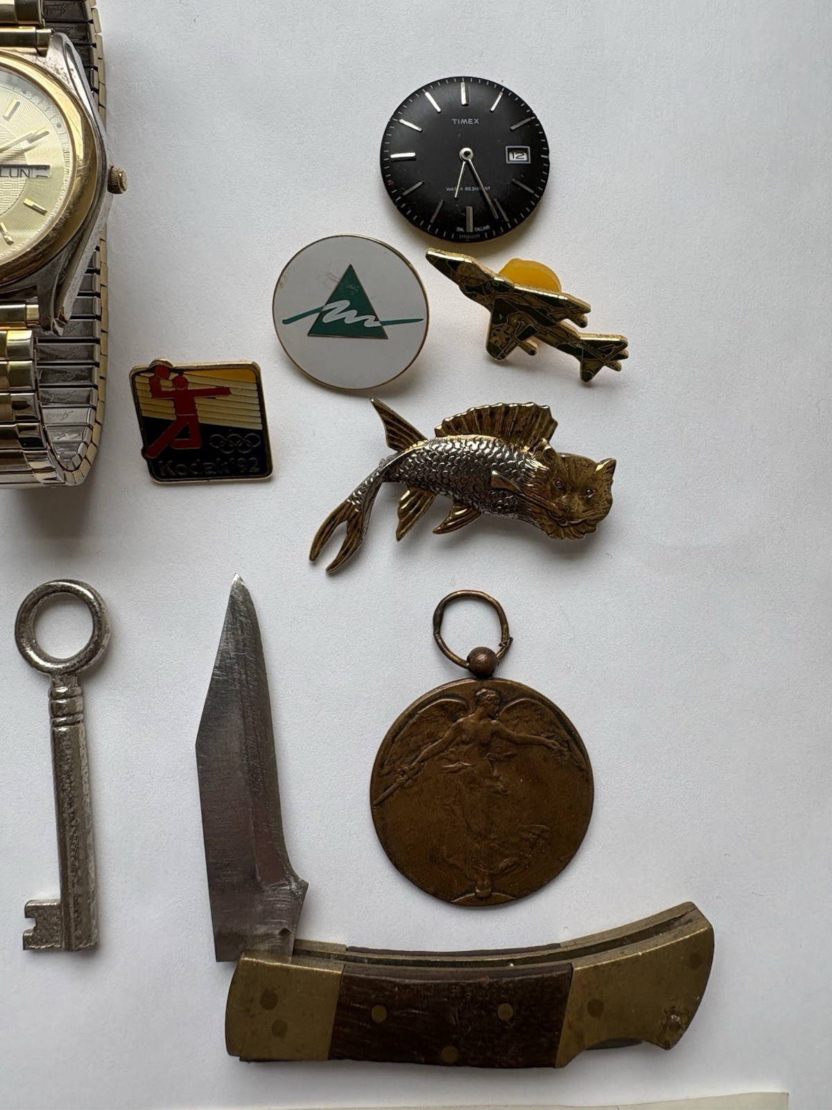 Junk Drawer Lot Antique Vintage Knives Trinkets Coins Watches Pins Currency