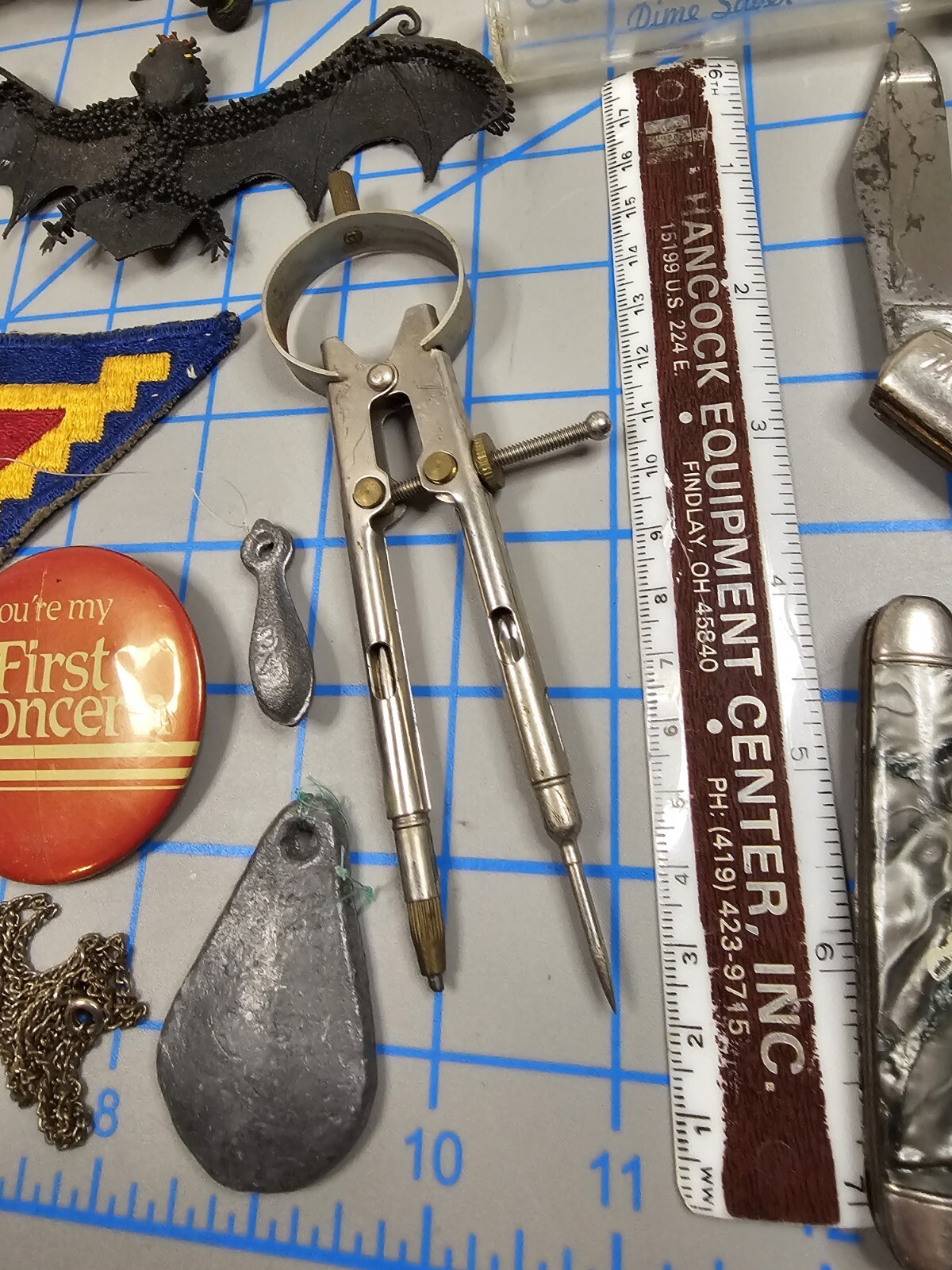 Vintage Junk Drawer Lot Knives Toys Patches Pins Keychain Ruler Figurine More