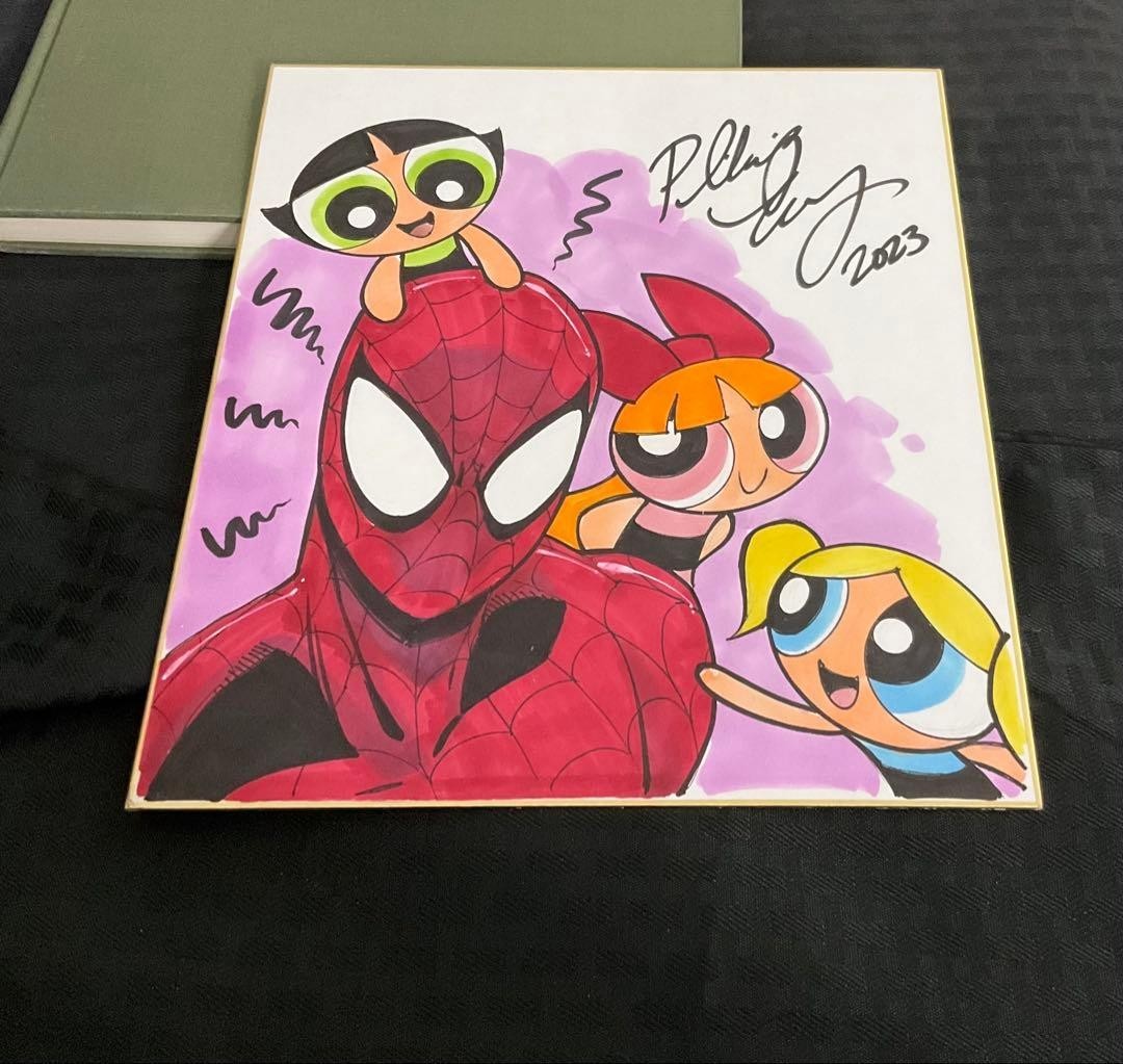Powerpuff Girls vs Spider-Man Signed Art Original Comic Book Page 27x24cm