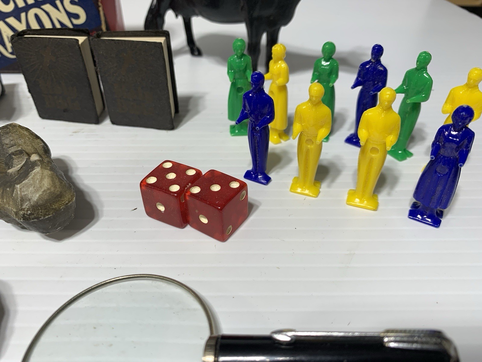 Vintage Junk Drawer Toy Lot 60’s 70’s Chalk Crayons Dice Plastic Rocks Figures +