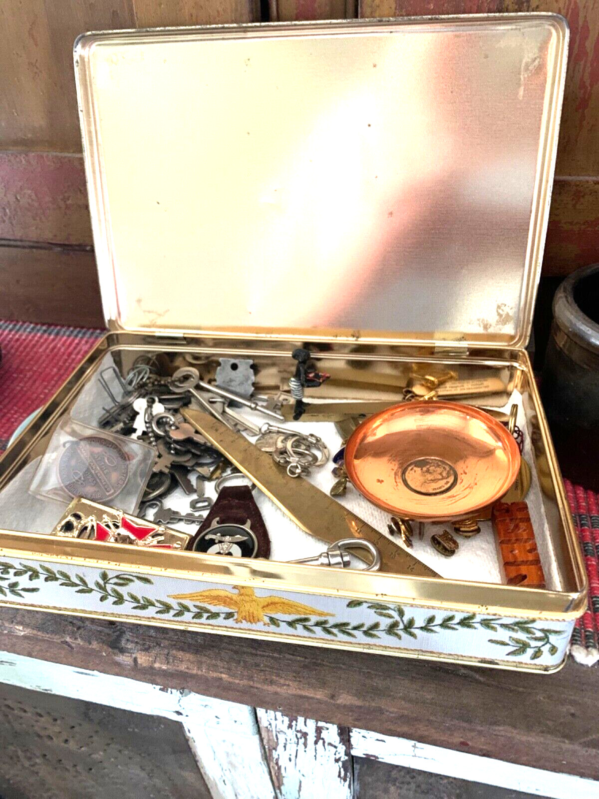 Antique Vintage Junk Drawer Lot Medals Pins Jewelry Coins Fobs Keys