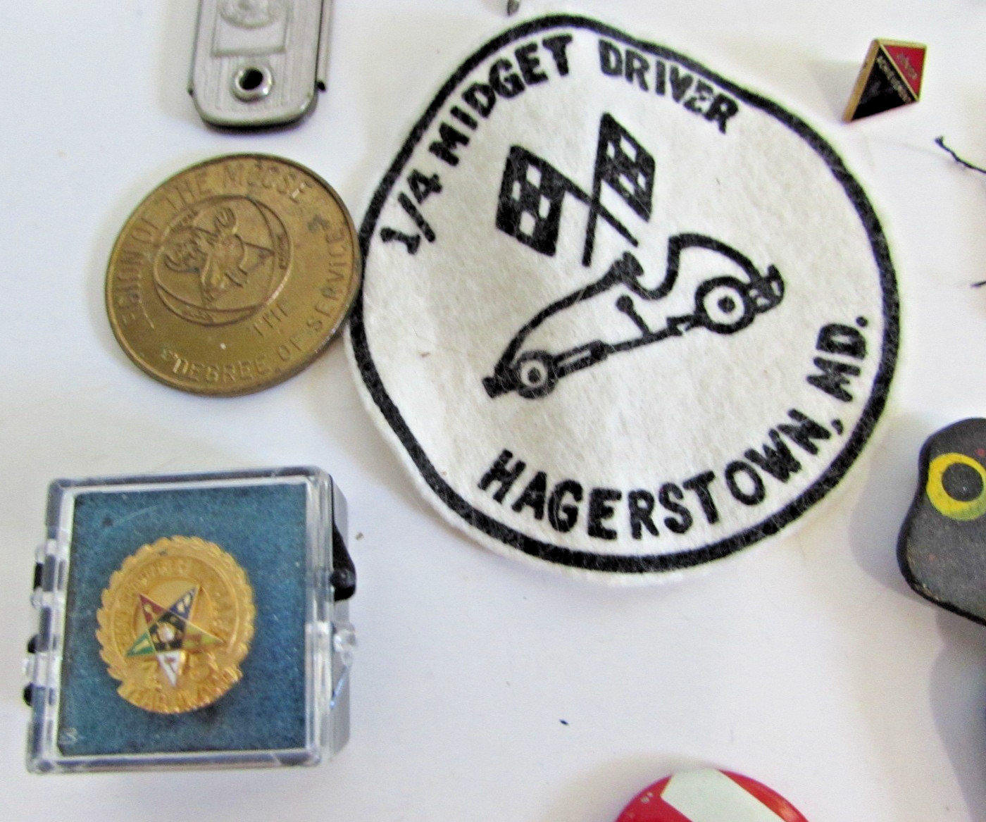 Junk Drawer Lot Goldwater Pins Masonic Detective Patch Chi Alpha Black Americana