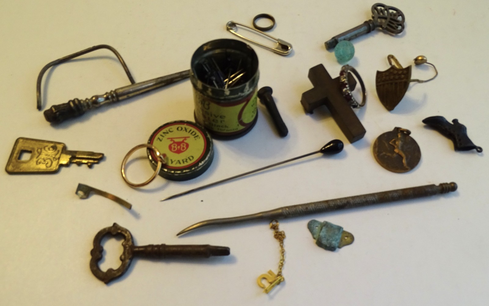Junk found at estate sale; button hook, Keys, Rings, Shield Pin, Boot Charm, etc