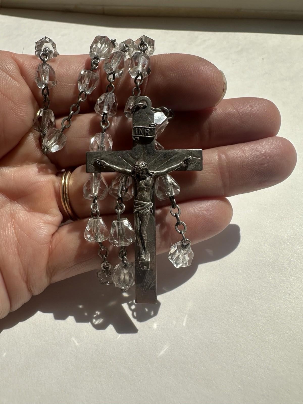 Vintage Sterling Silver Crucifix Clear Faceted Tear Drop Crystal Bead Rosary 19”